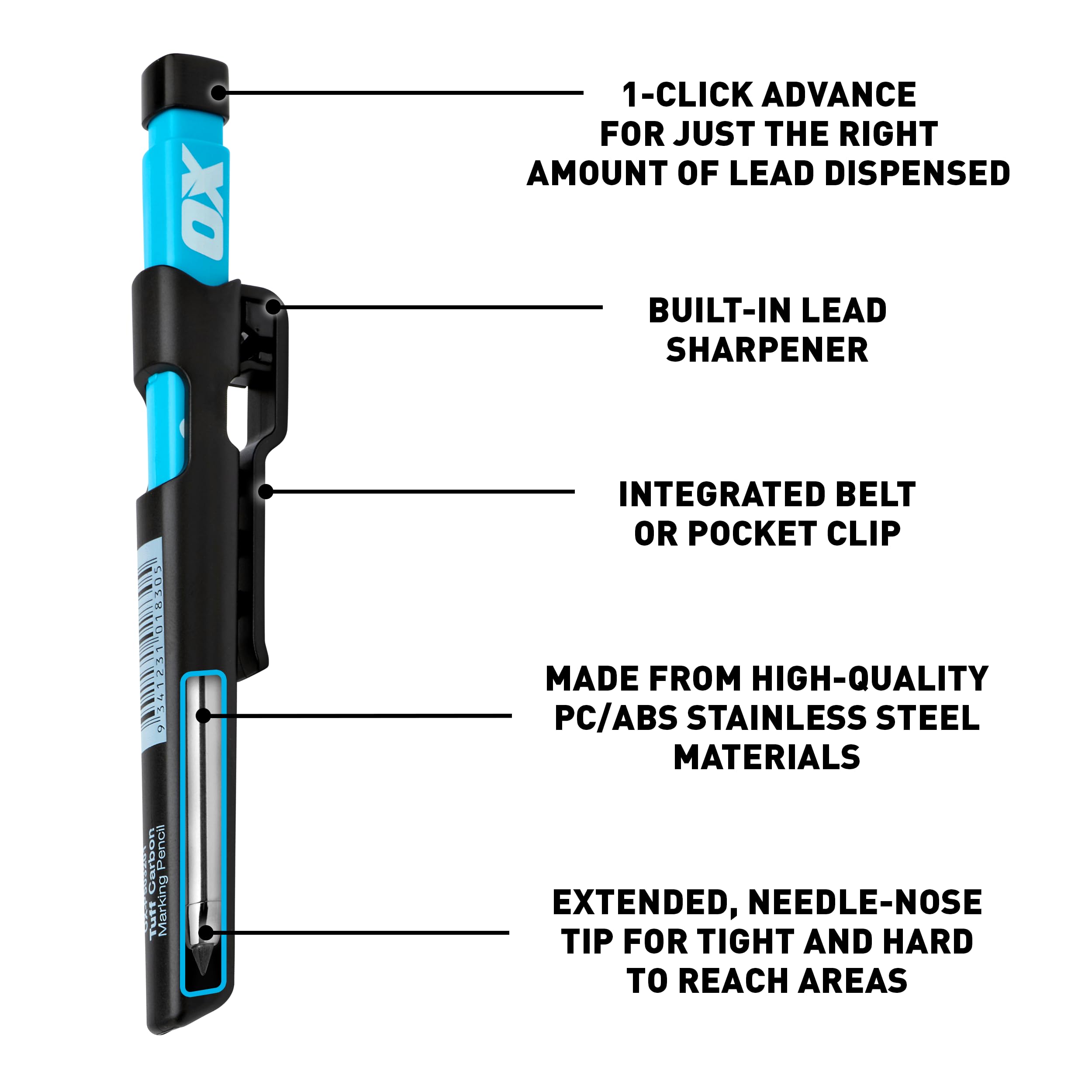 OX Tools OX Tuff Carbon Marking Pencil - 1-Click Advance | Built-in Sharpener | Writes on Wet Surfaces 2