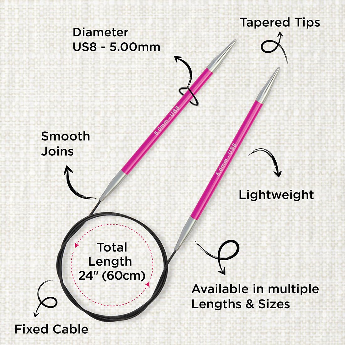 KnitPro Zing Fixed Circular Knitting Needles - 5.00mm | 100cm Length | Lightweight Aluminium 3