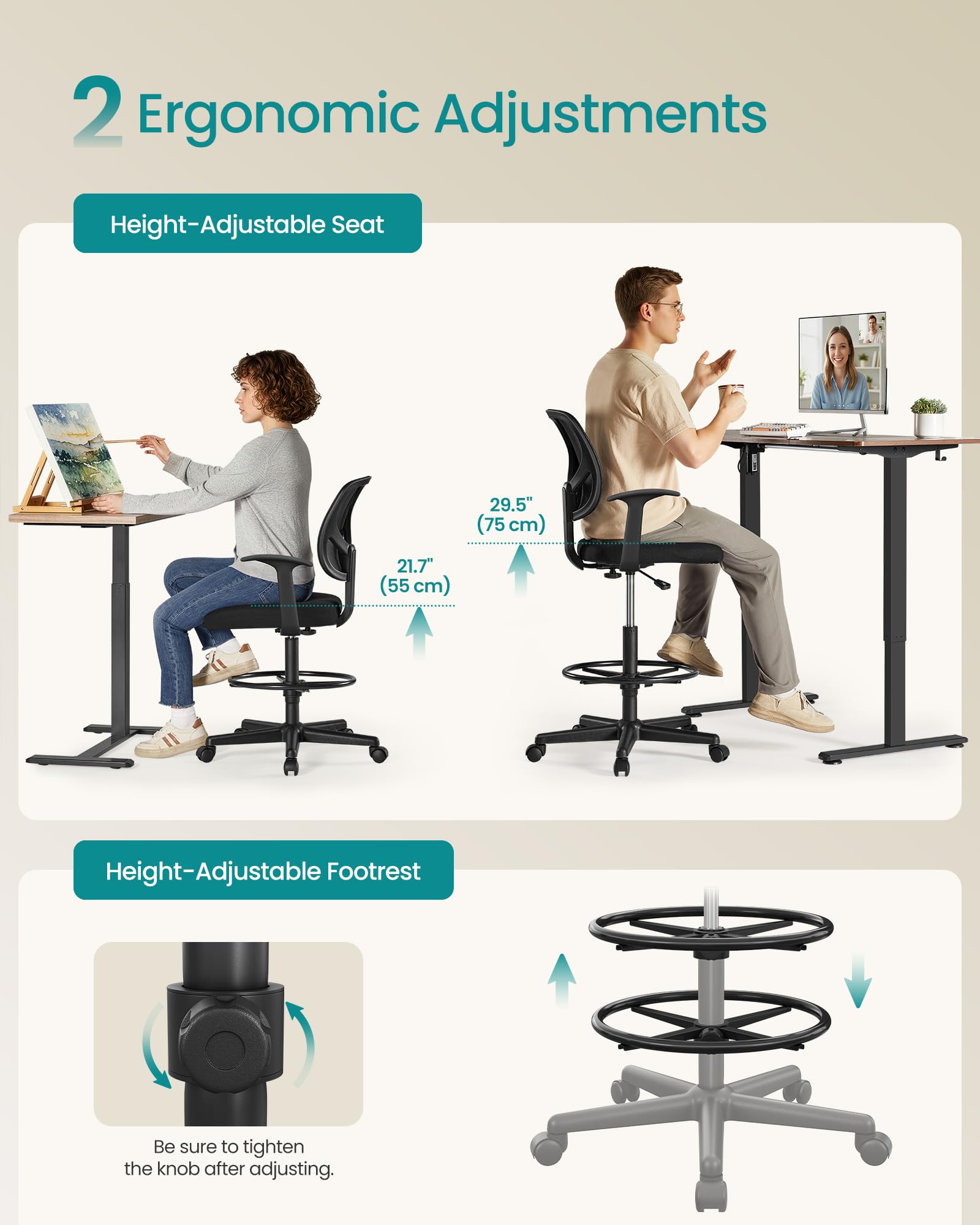 SONGMICS Drafting Stool Chair - Ergonomic Mesh, Height Adjustable Footrest, 360° Swivel | Black 4