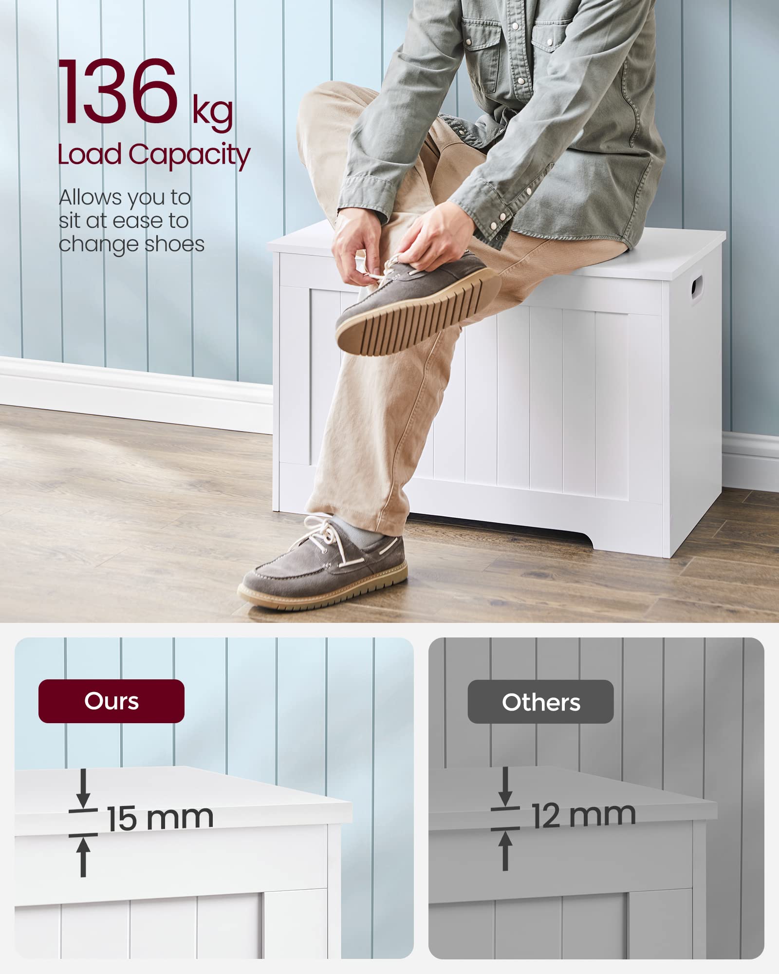 VASAGLE Storage Bench with Lid - Modern Style Shoe Storage | 76 x 48 x 40 cm | White 7