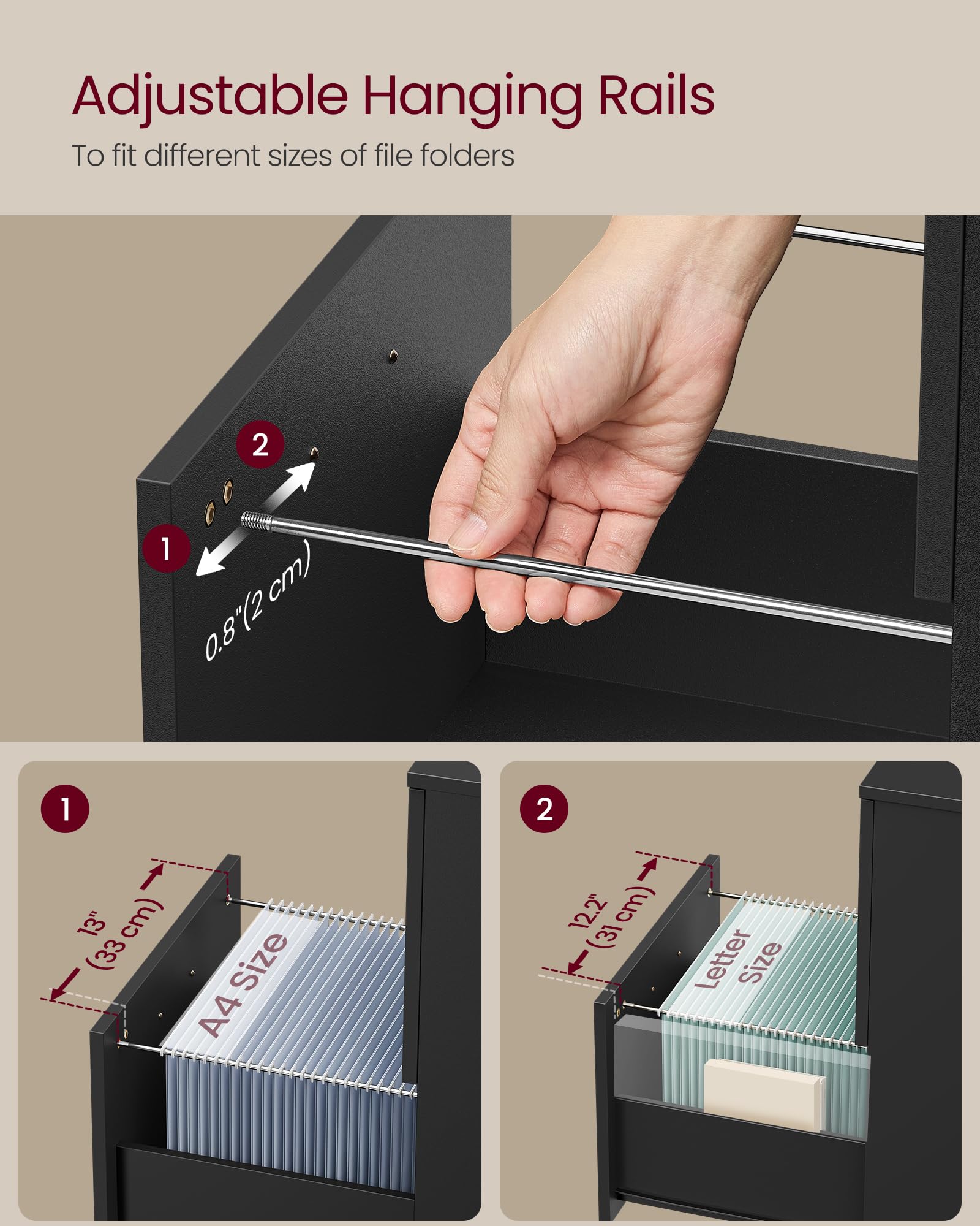 VASAGLE 2-Drawer Mobile File Cabinet - Rolling, Lockable, Printer Stand for A4/Letter Files | Matte Black 5