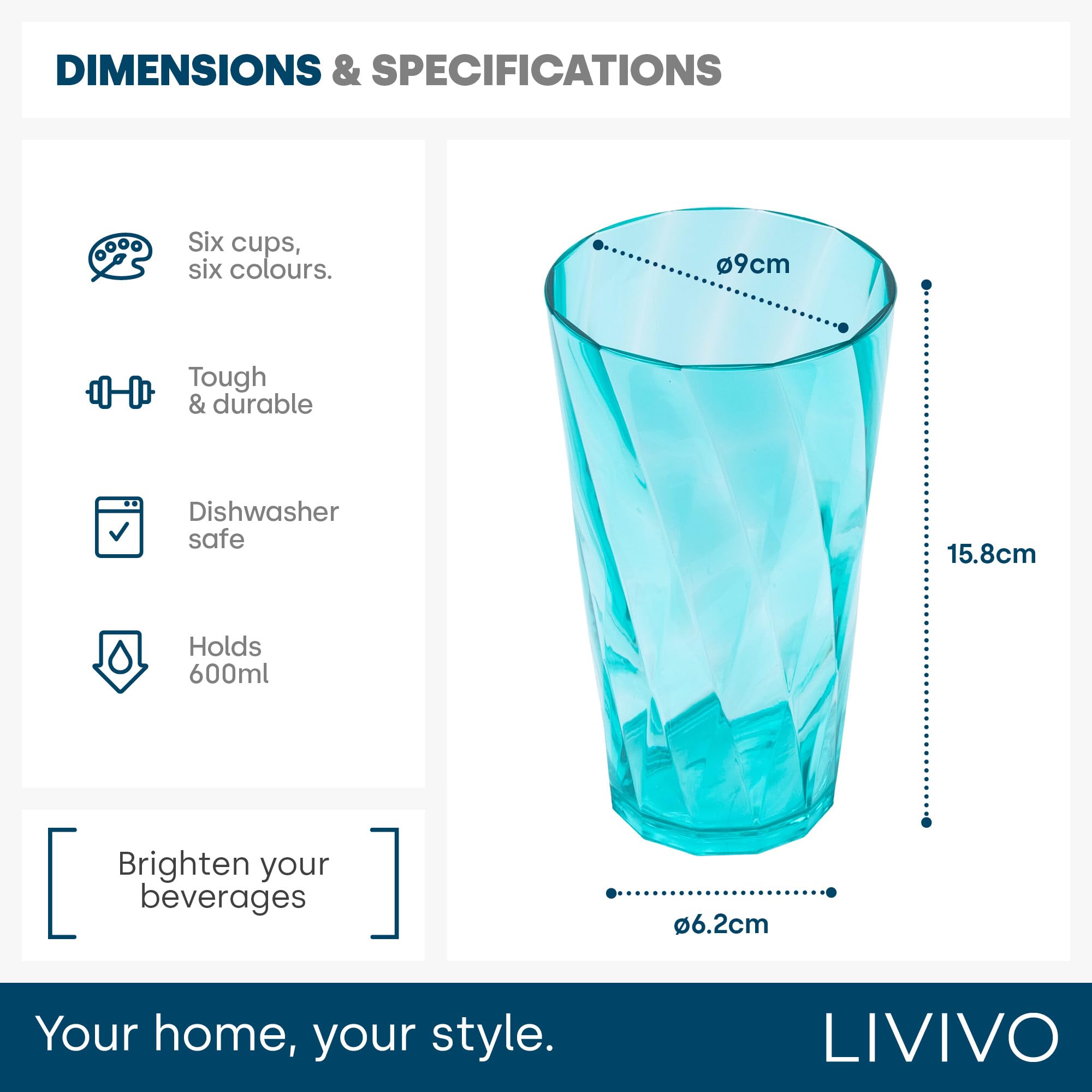 LIVIVO Set of 6 Acrylic Tumblers - 600ml Capacity | Rainbow Gradient Design | Dishwasher Safe 8