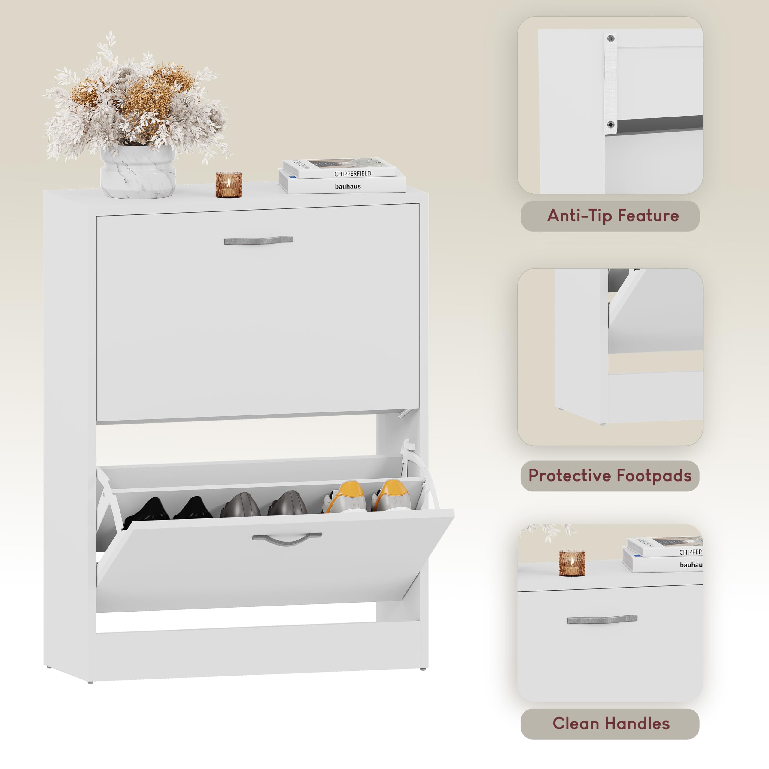 Vida Designs Wooden Shoe Cabinet - 2 Pull-Down Drawers | Slim, Space-Saving Entryway Storage | White 5