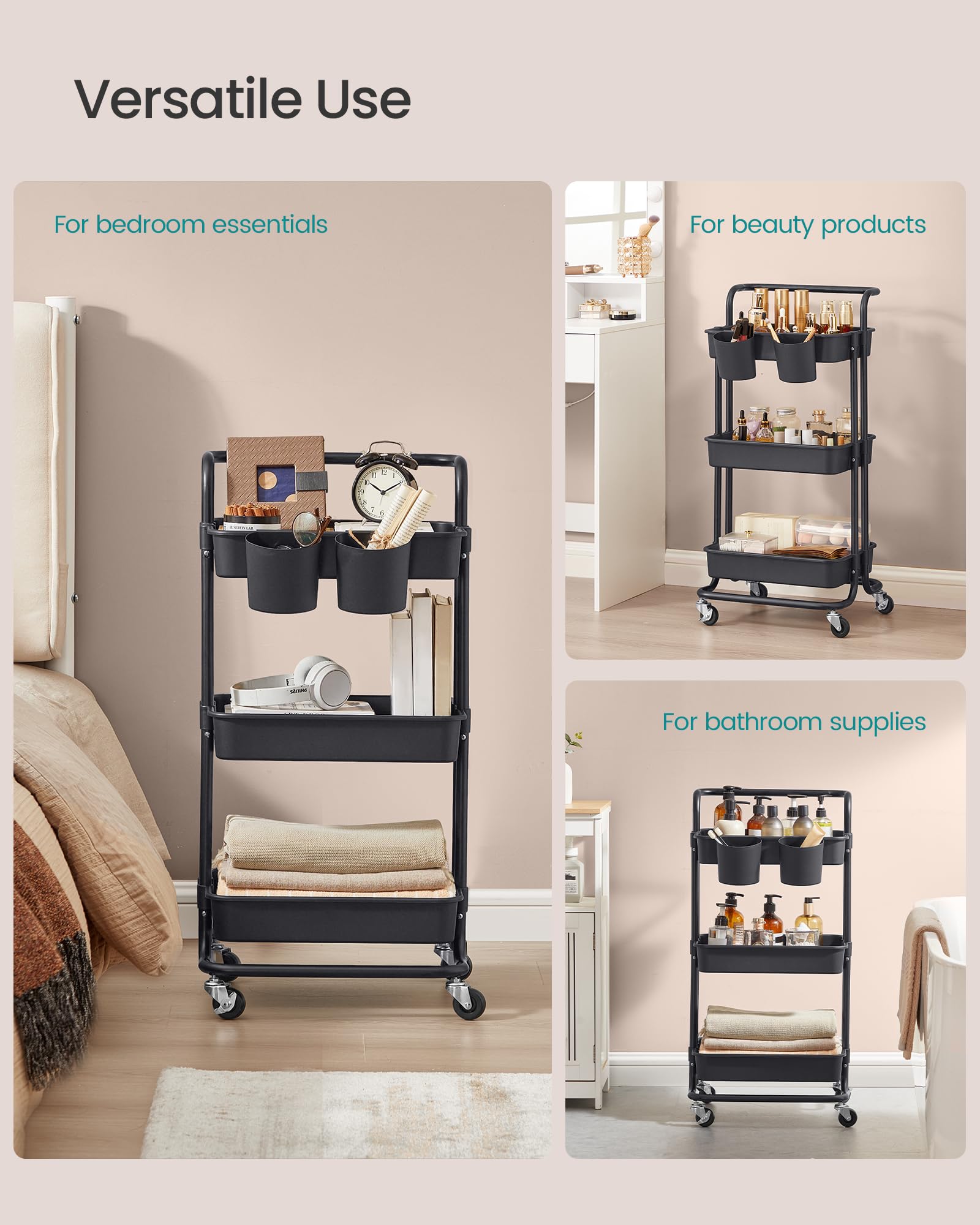SONGMICS Rolling Cart - 3-Tier Storage with Handle | 2 Organizers | Black/White 4