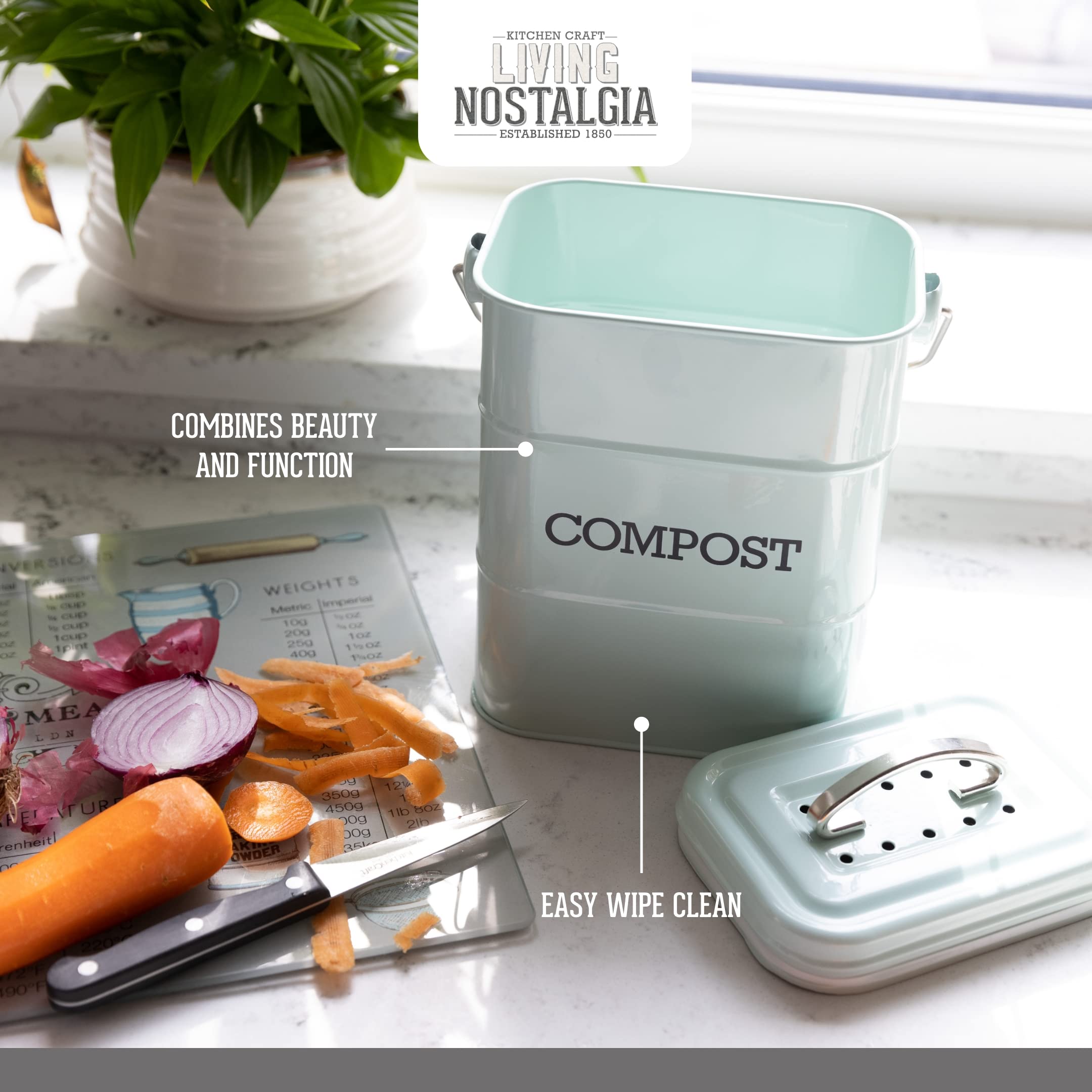 KitchenCraft Living Nostalgia Compost Bin - 3L Capacity | Carbon Steel | Duck Egg Blue 5