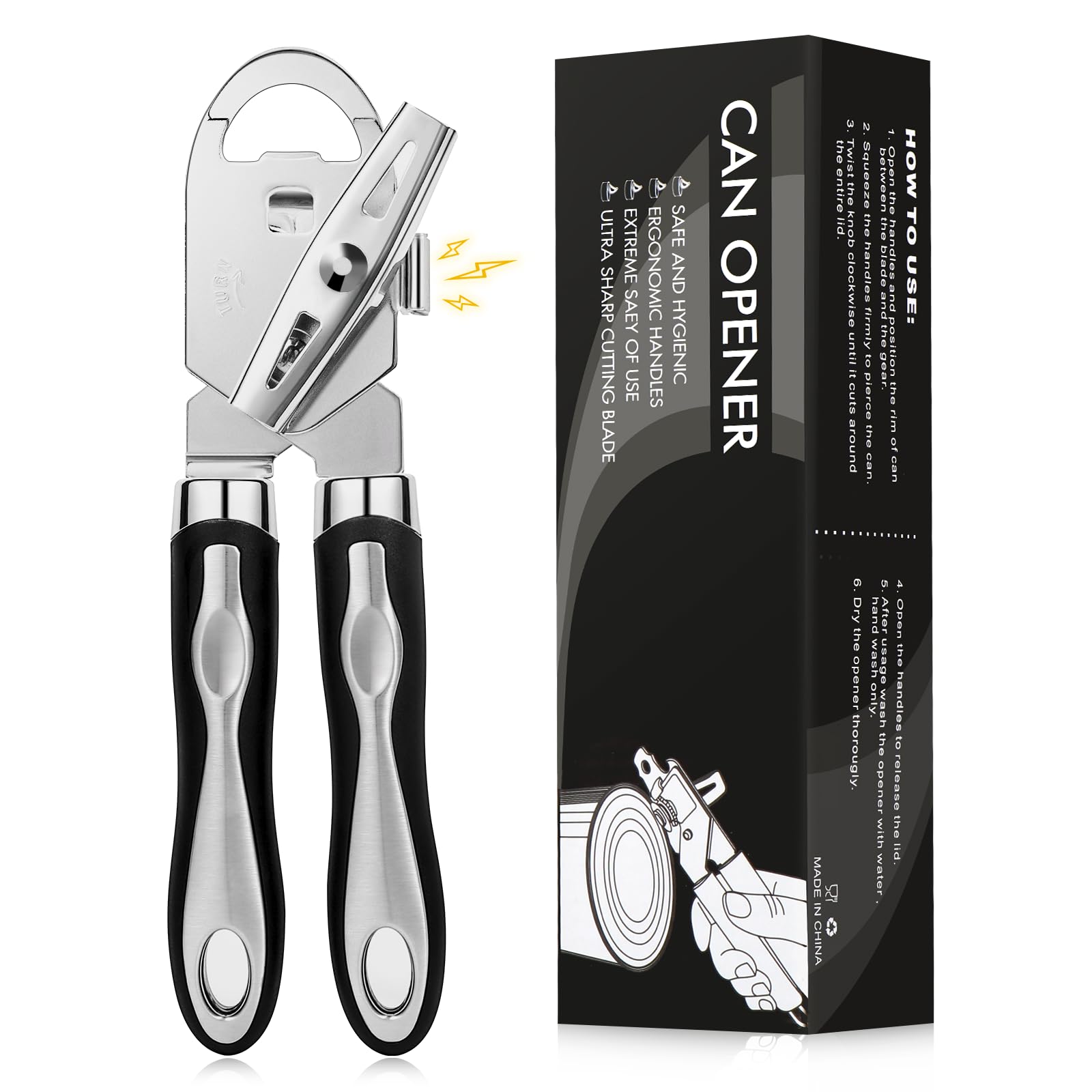 Diboniur Heavy Duty Manual Can Opener - Stainless Steel, 3-in-1 Functionality | Black 1