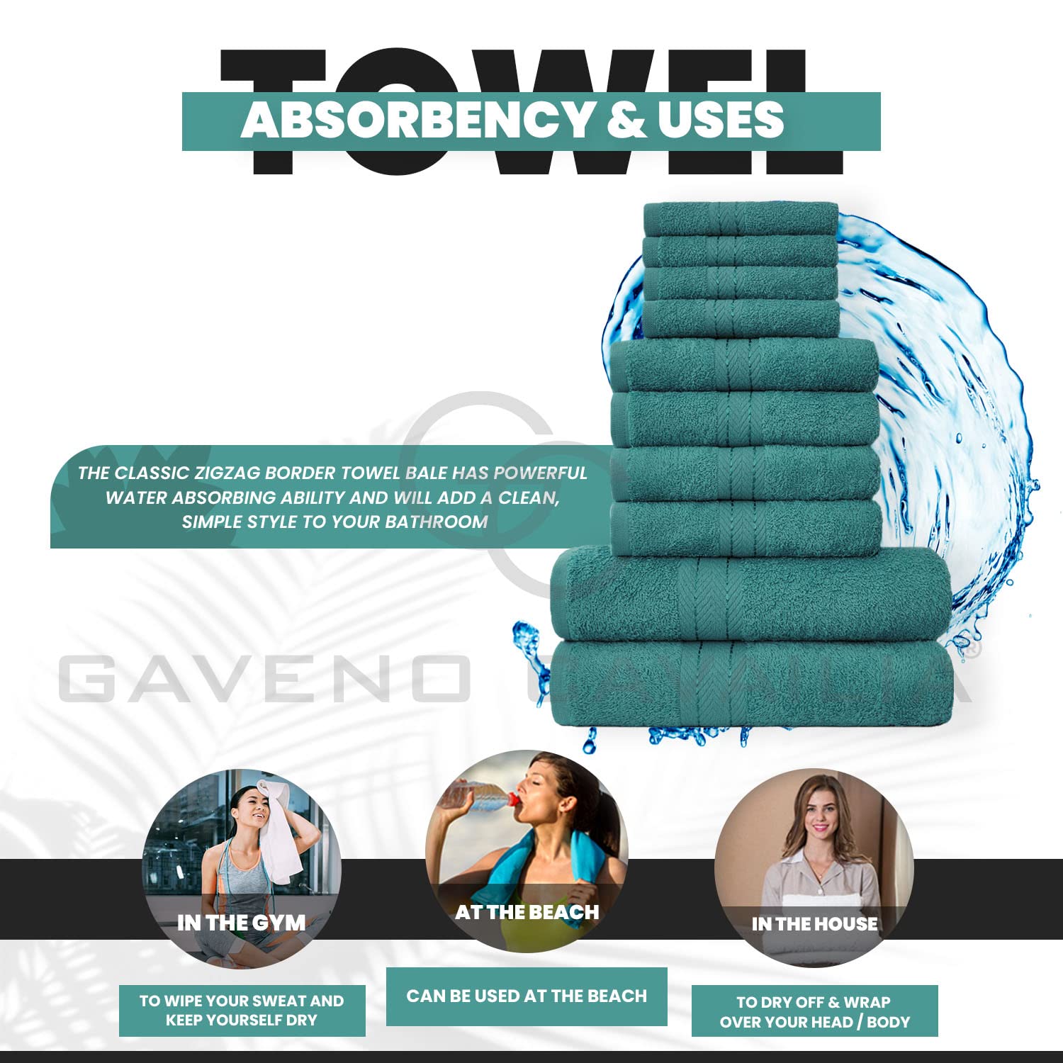 GC GAVENO CAVAILIA 10 Piece Cotton Towel Set - 450 GSM | Quick Drying Teal Bale 3