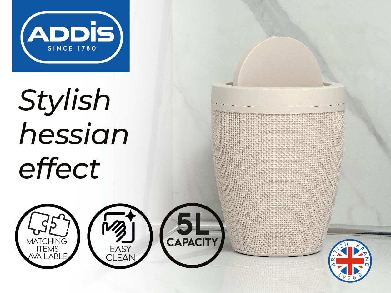 Addis Faux Hessian Round Swing Lid Plastic Bathroom Bin | 5 Litre Capacity | Charcoal 2