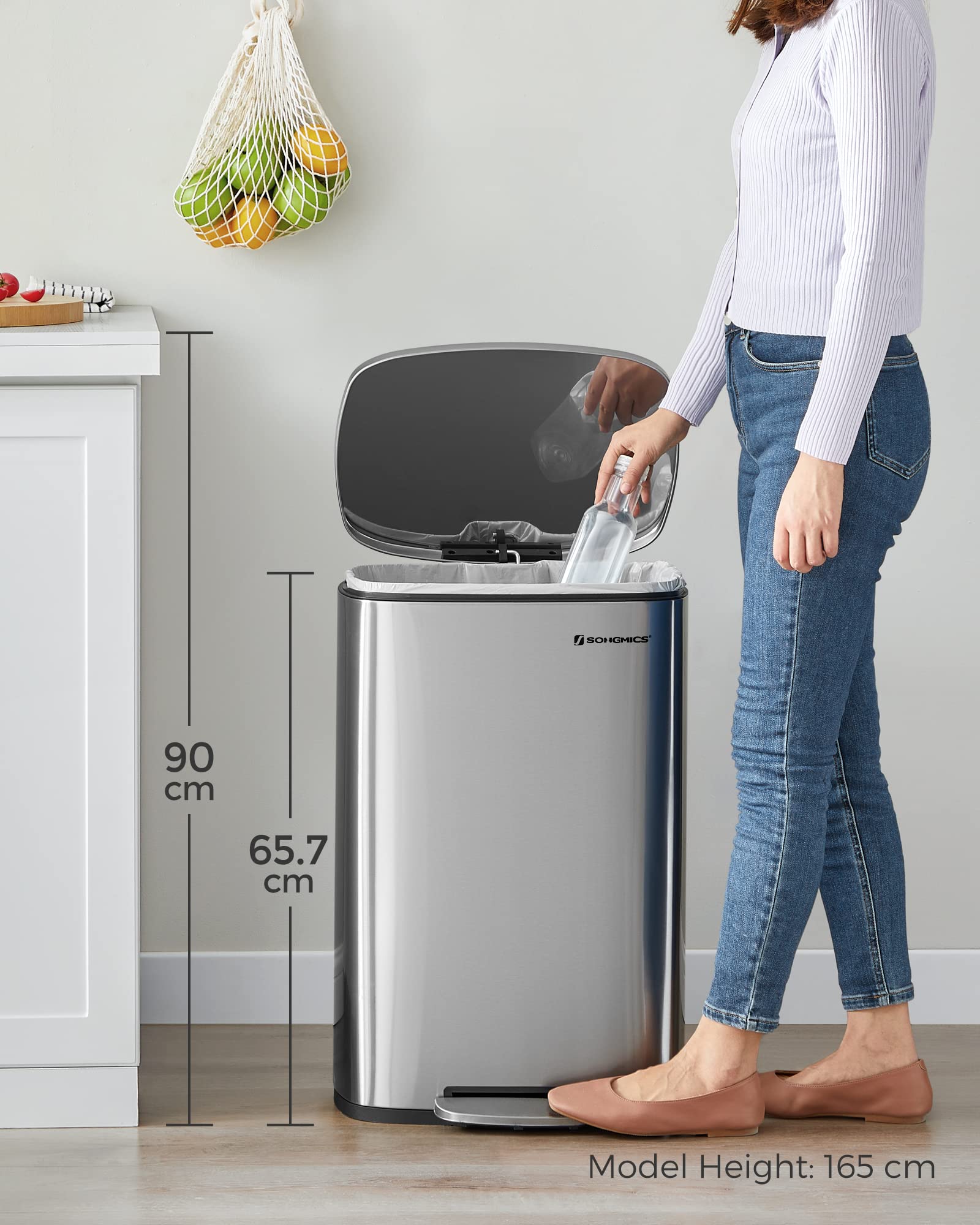 SONGMICS Kitchen Bin 50 L Pedal Rubbish Bin | Soft Close | Steel | Silver LTB050E01 8