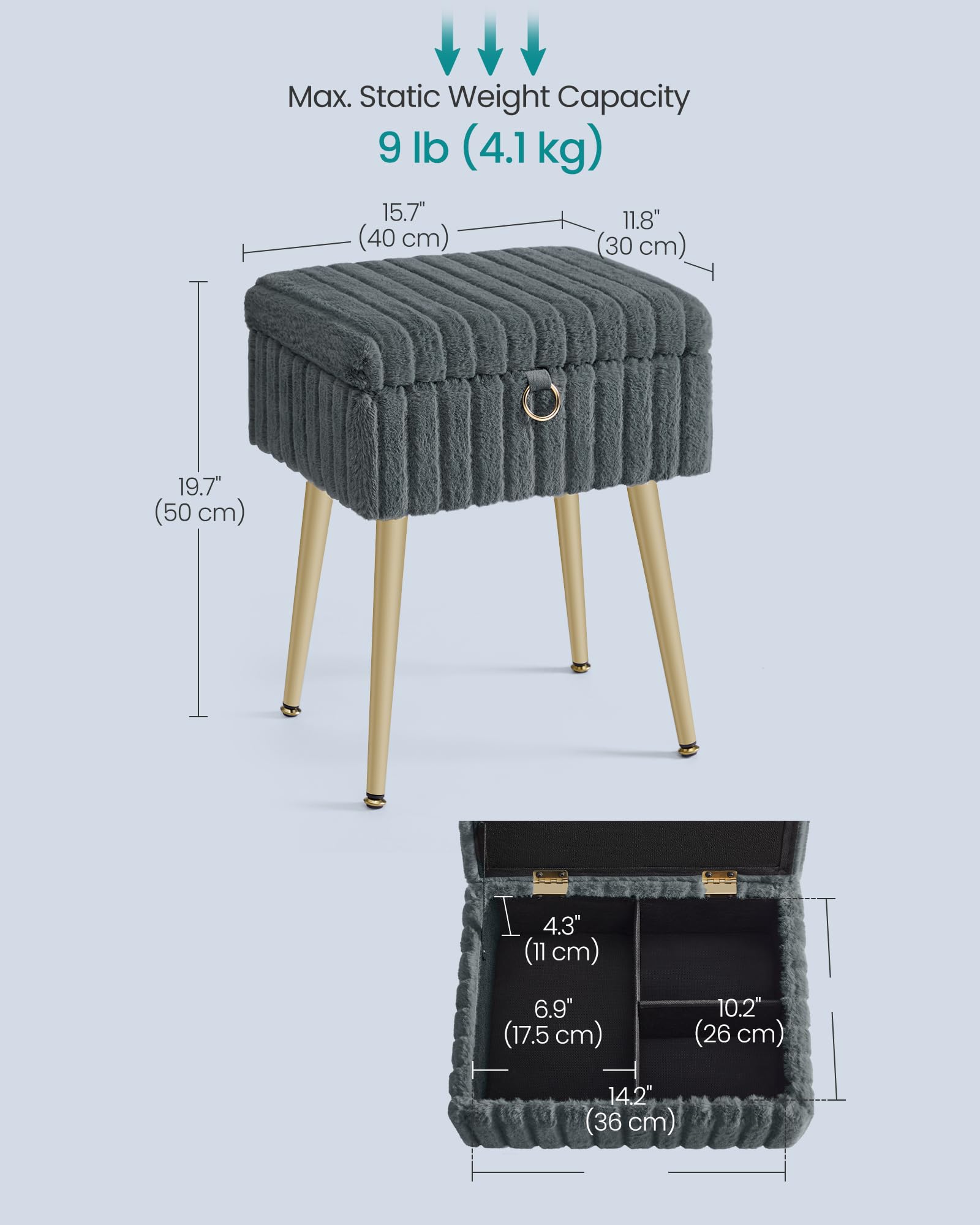 SONGMICS Storage Ottoman Bench - Slate Grey Vanity Stool with Hidden Compartment | 30x40x50 cm 2