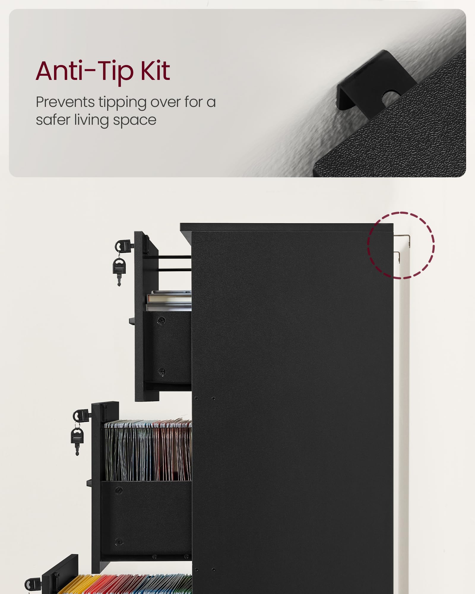 VASAGLE Vertical File Cabinet - 3 Lockable Drawers, Adjustable Rails for A4/Letter Files | Ink Black 7