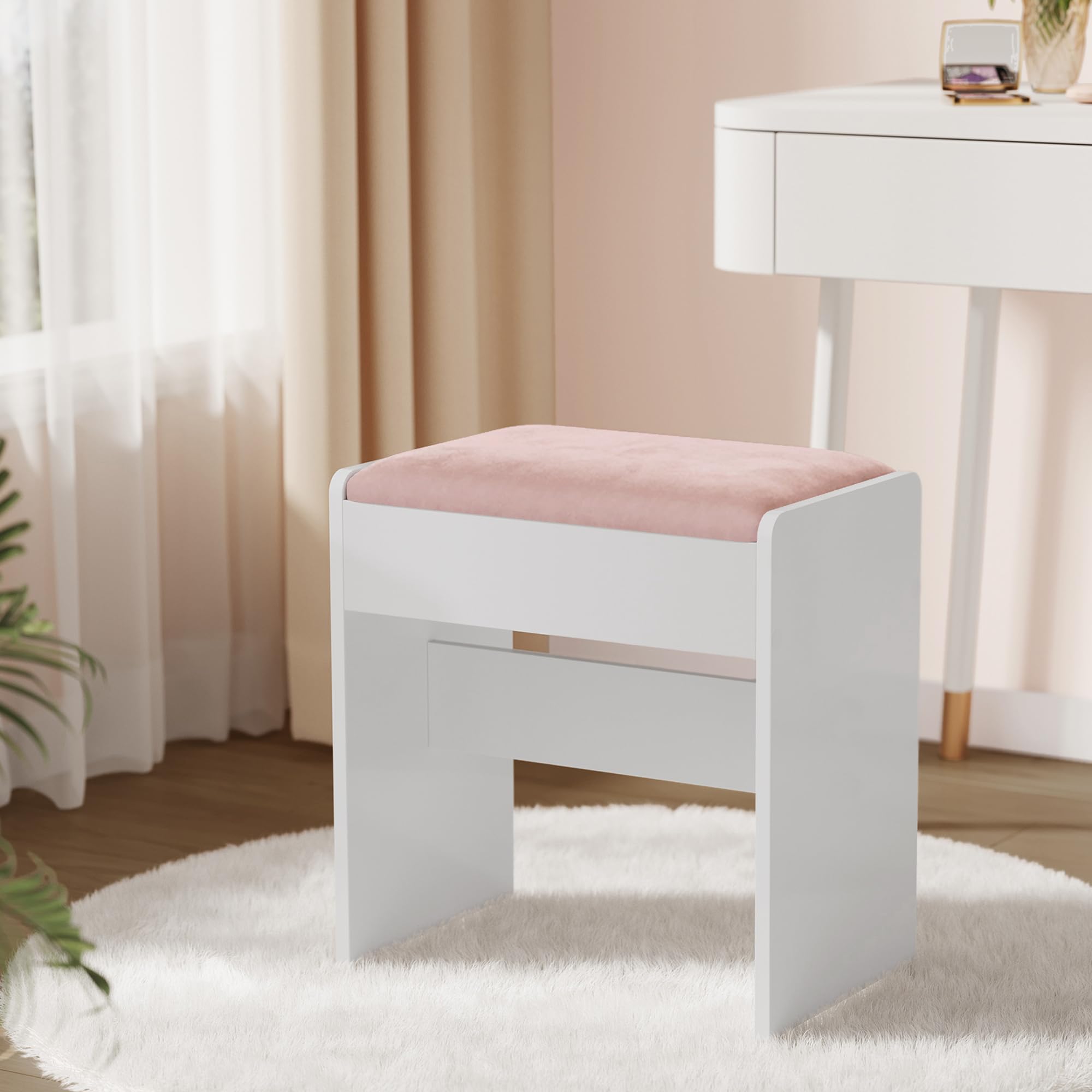 VASAGLE Upholstered Makeup Stool - Velvet Seat, Sturdy Particleboard Frame | Matte White + Jelly Pink