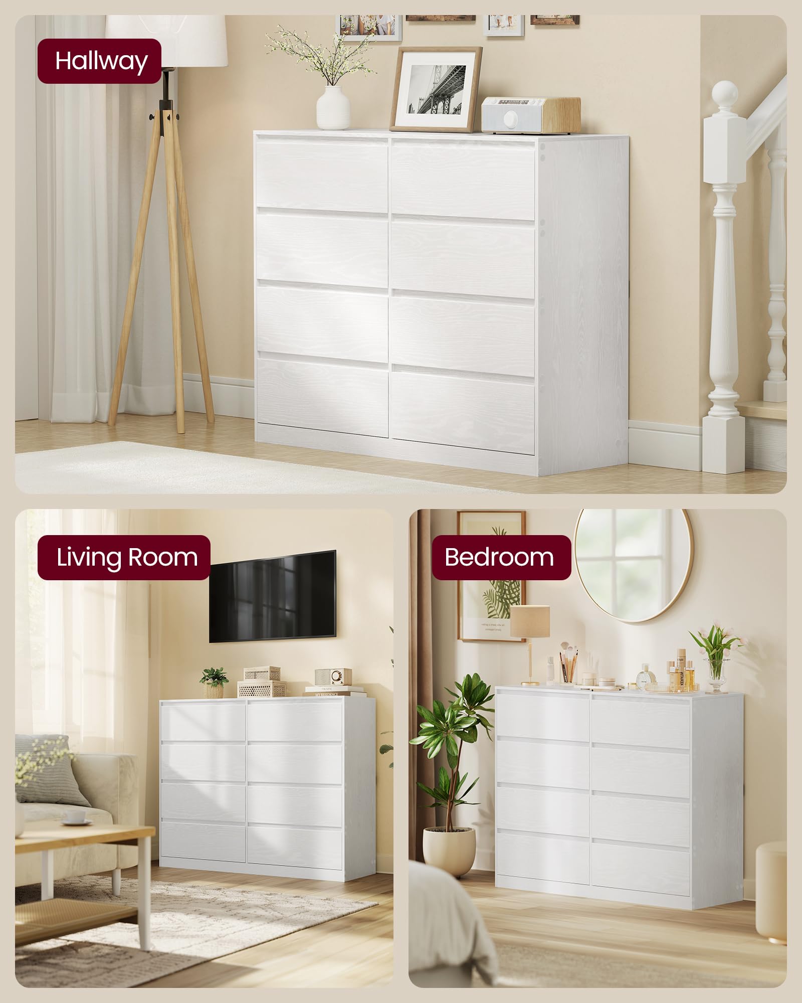 VASAGLE KAILYN Collection Chest of Drawers - 8 Drawers, Snow White | Slim Storage Organizer 6