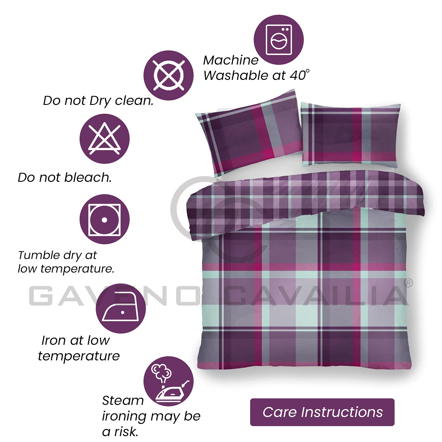 GC GAVENO CAVAILIA Checkered Polycotton Duvet Cover Set | Double Size | Purple | 50% Cotton/50% Polyester 4