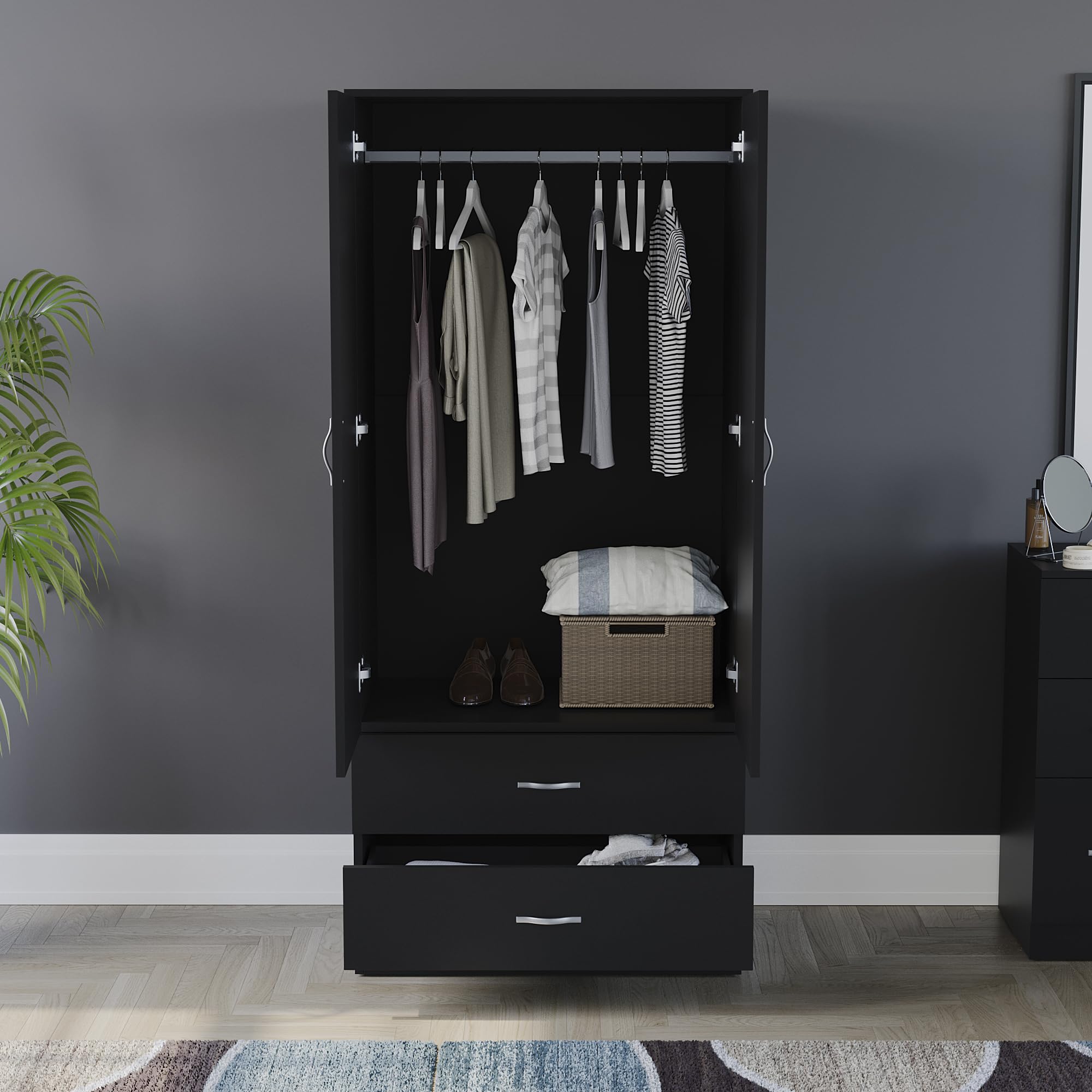 Vida Designs Riano 2 Door Wardrobe - Hanging Rail & Shelf Storage | Engineered Wood | Black 4