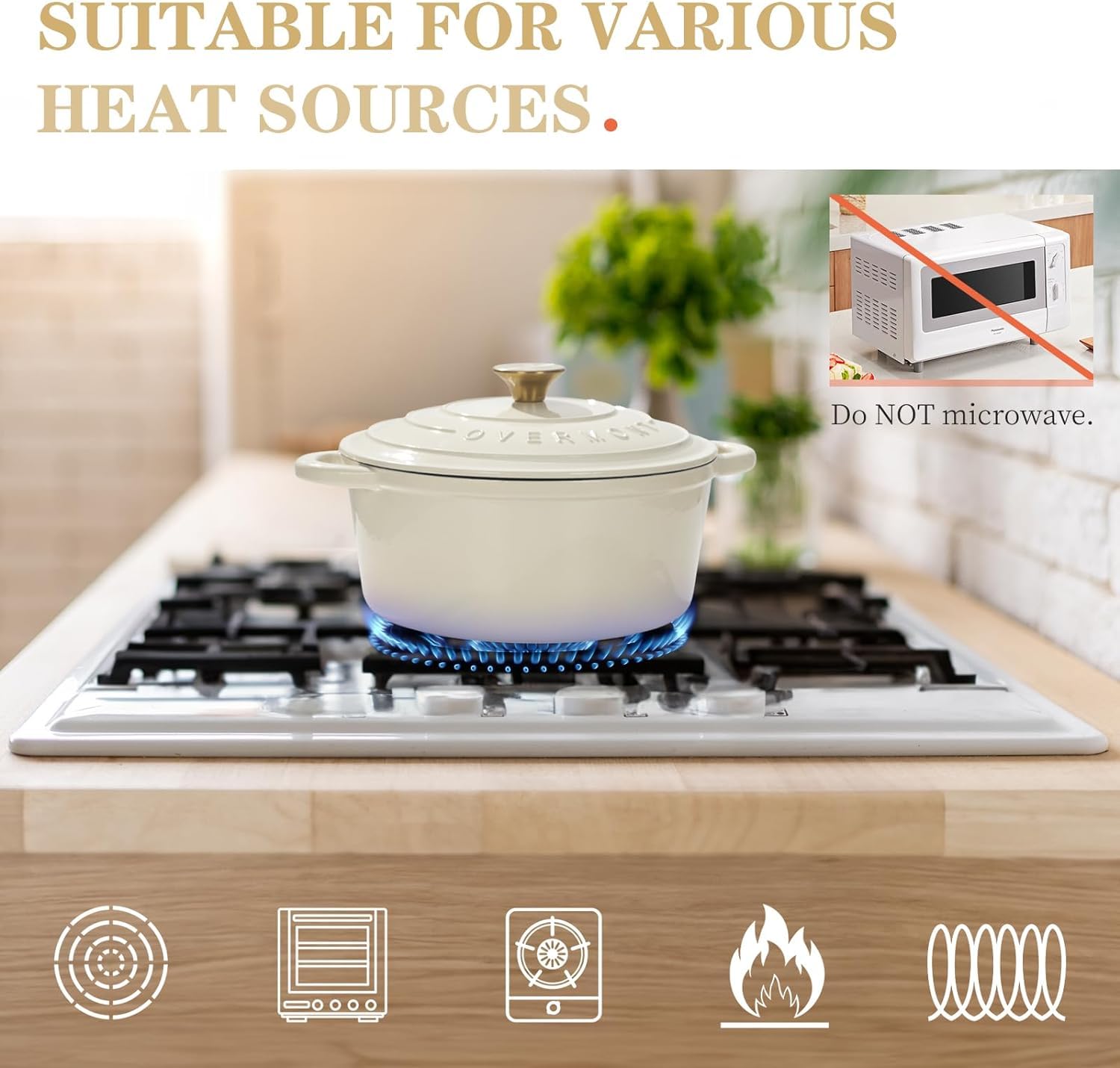 OVERMONT 26cm/5.2L Enamelled Cast Iron Round Casserole Pot with Lid | Cream White | 5.5QT 7