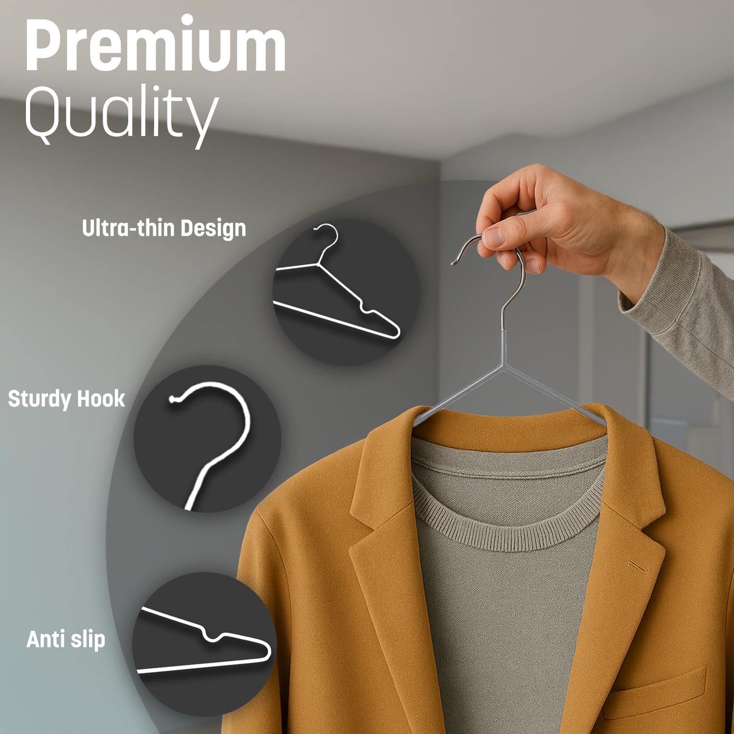 KEPLIN 20x Premium Rubber Coated Metal Hangers - Heavy Duty, Space Saving | Grey | 42 x 0.5 x 19.2 cm 5