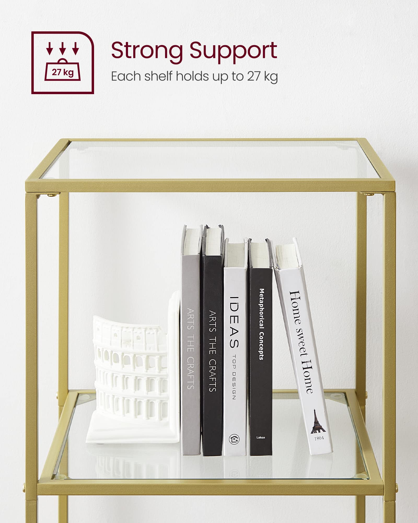 VASAGLE 6-Tier Glass Shelf Bookcase - Thin Steel Frame, Gold Finish | 30x40cm Footprint | 10kg/Shelf Capacity 5
