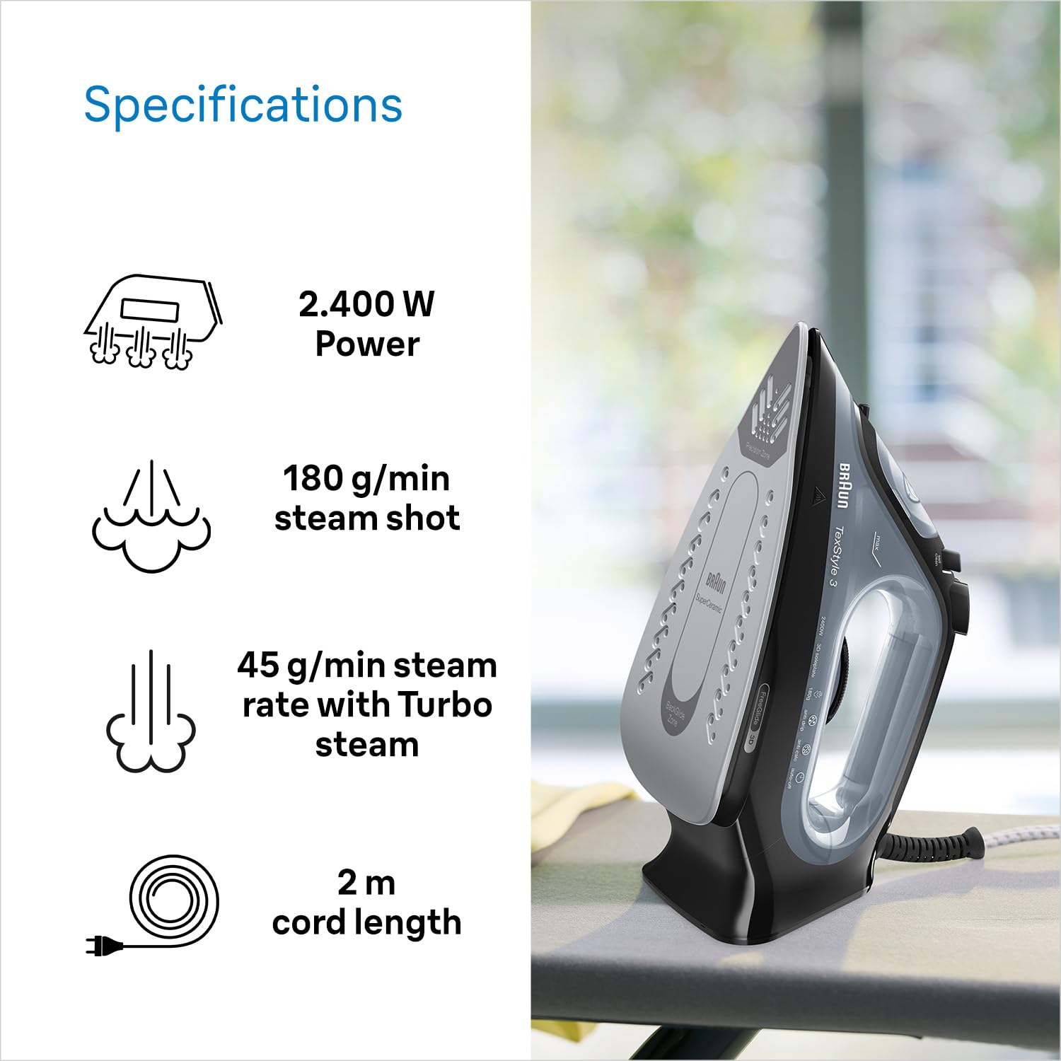 Braun Texstyle 3 SI3055.BK Steam Iron - 180g/Min Steam Shot, 45g/Min Variable Steam, Auto Shut-Off 4
