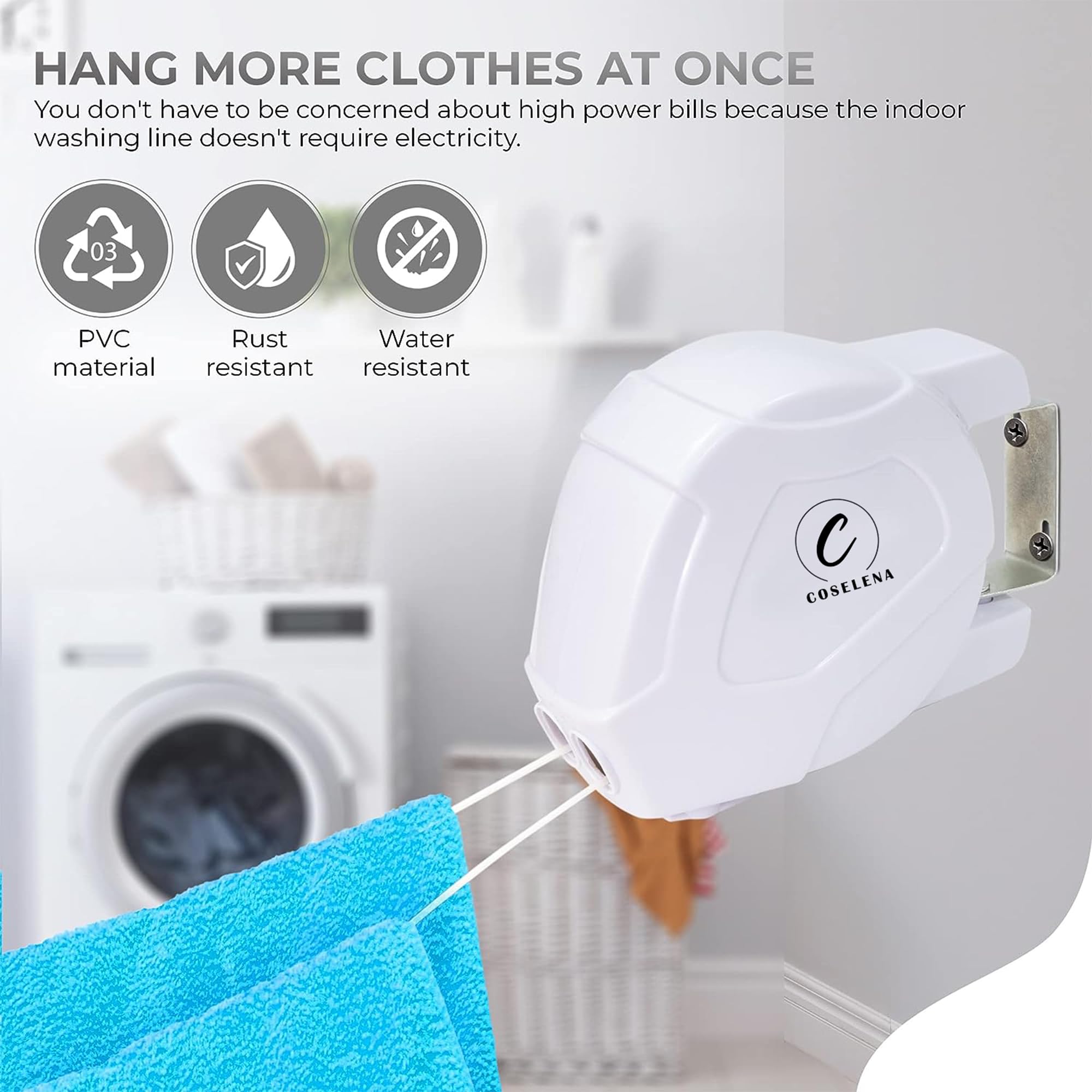 Coselena 30m Retractable Washing Line - Heavy-Duty Twin Clothes Line | Wall Mounted | Indoor/Outdoor 3