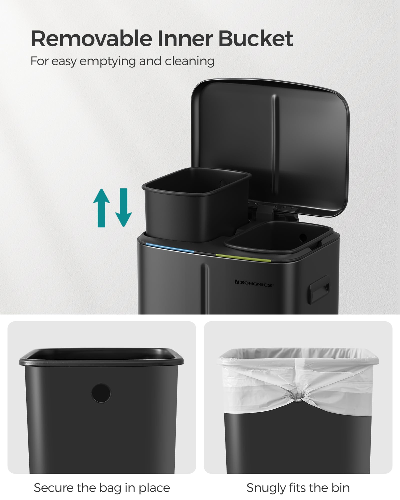 SONGMICS Kitchen Bin with Two 20L Inner Buckets | Rust-Resistant Steel | Soft-Close Lid 6