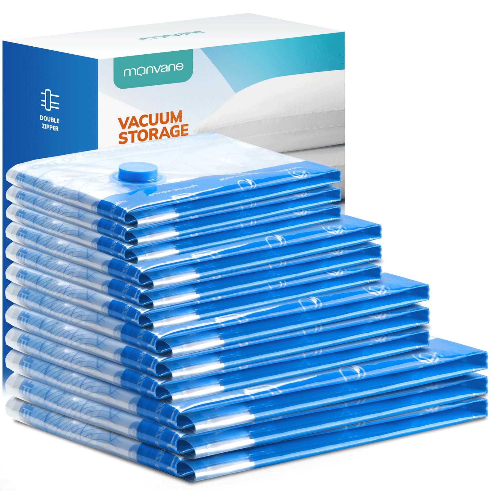 MONVANE Vacuum Compression Storage Bags - 12 Pack Reusable Space Saver for Travel & Home | PA+PE Blue 1