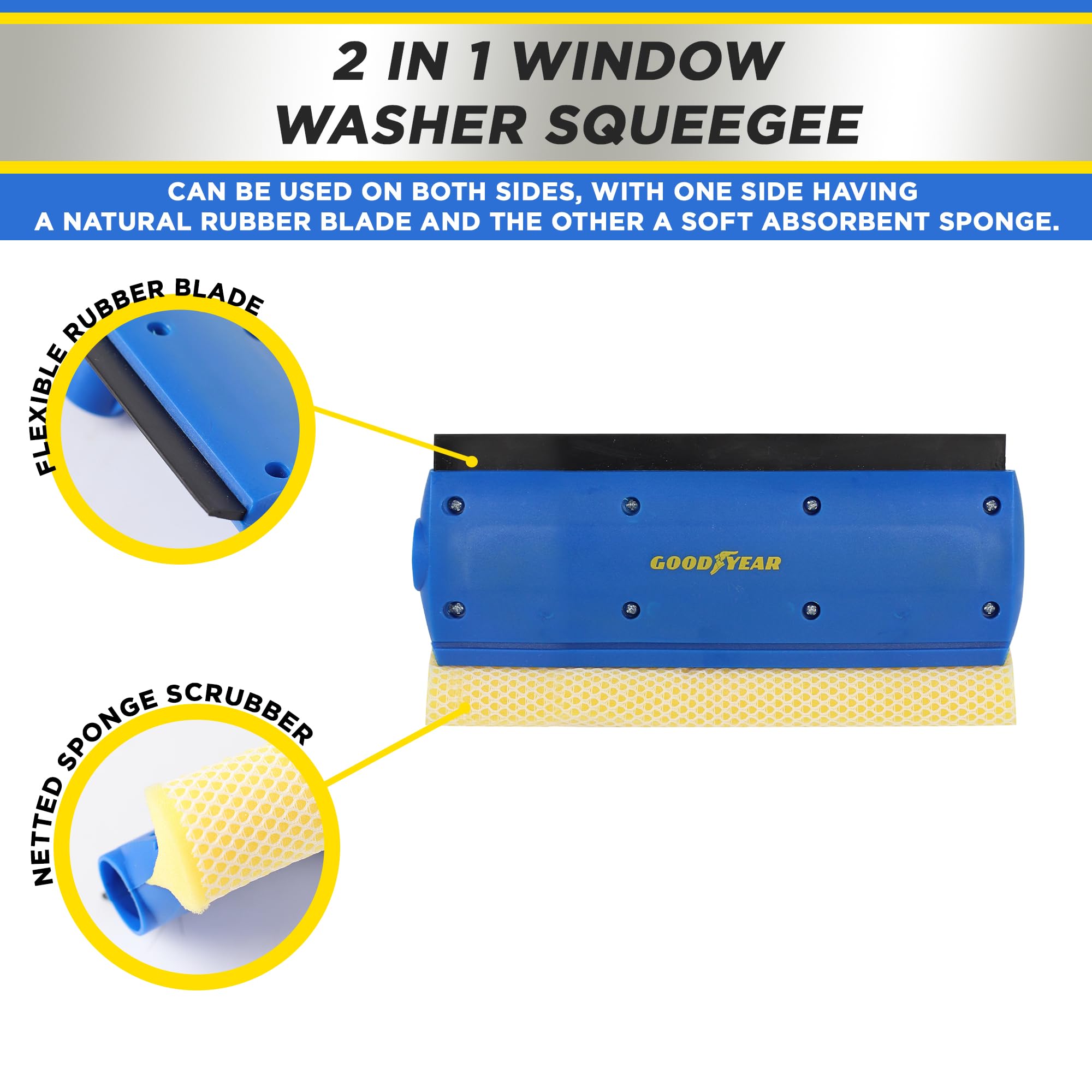 Goodyear 2 In 1 Window Squeegee | Flexible Rubber Blade | Netted Sponge Scrubber 4