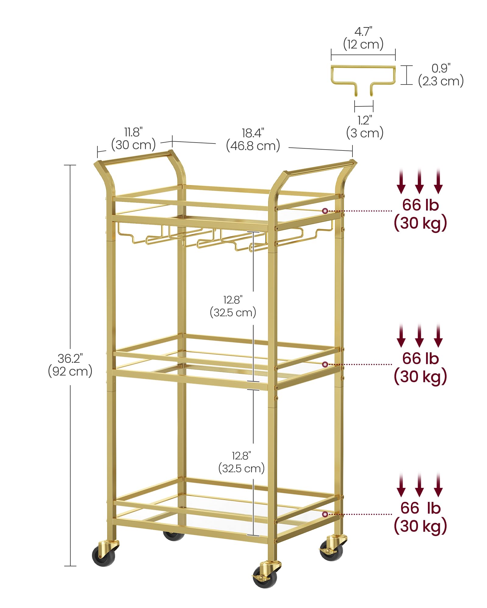 VASAGLE 3-Tier Drinks Trolley - Gold Bar Cart with Mirrored Glass Shelves | 30x46.8x92 cm 6
