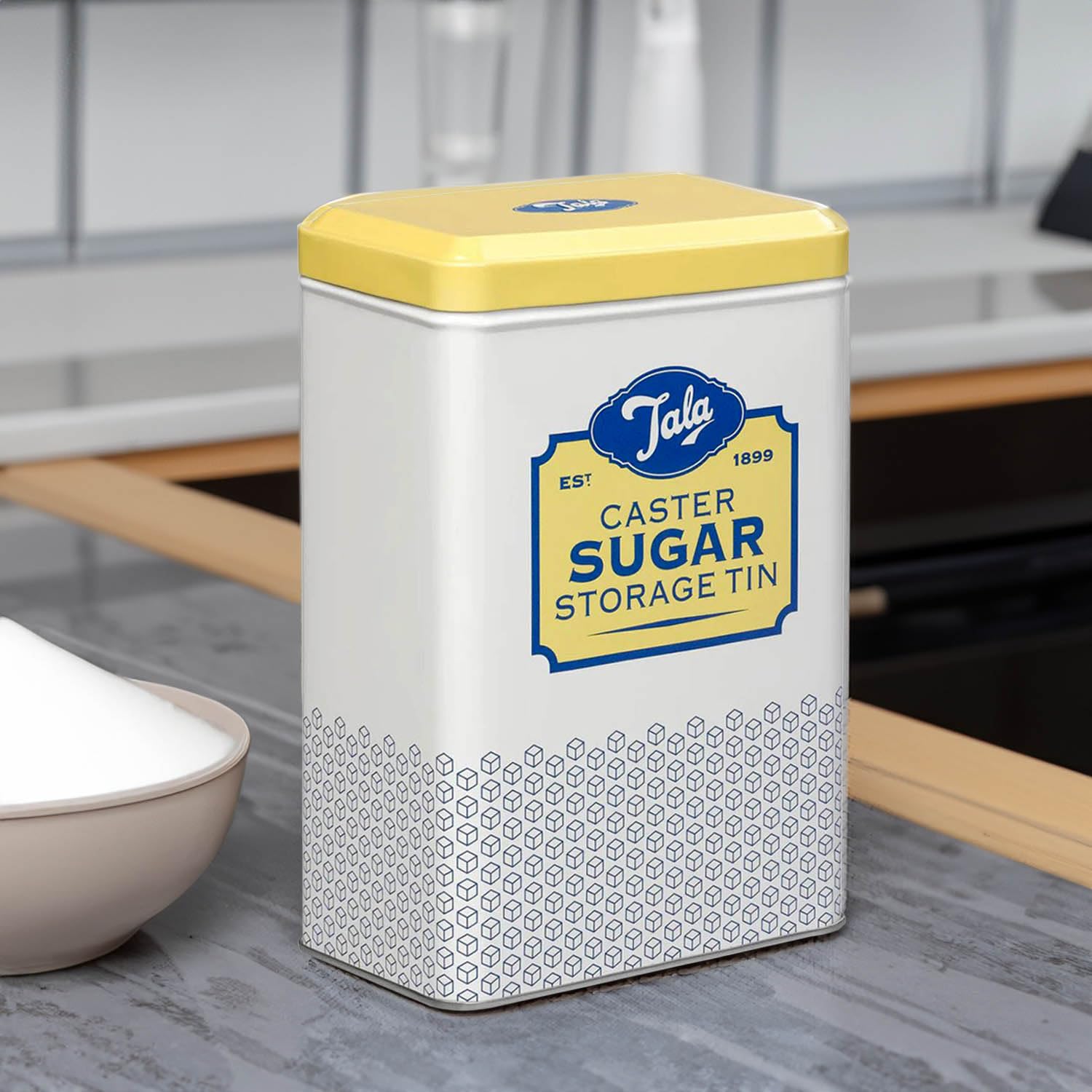 Tala Originals Metal Storage Tin for Caster Sugar | Yellow & Cream Nostalgic Design | 163x105x70mm 2