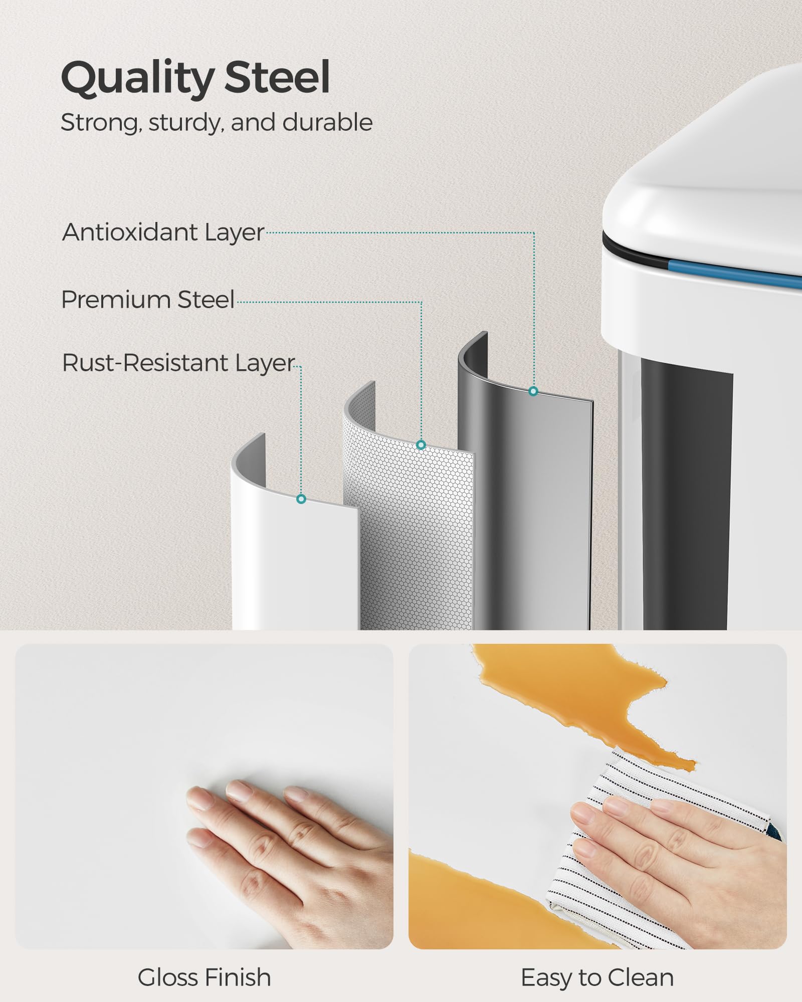 SONGMICS Double Rubbish Bin - 2 x 20L Dual Compartment Kitchen Waste Separation System | White Powder Coated Steel 4