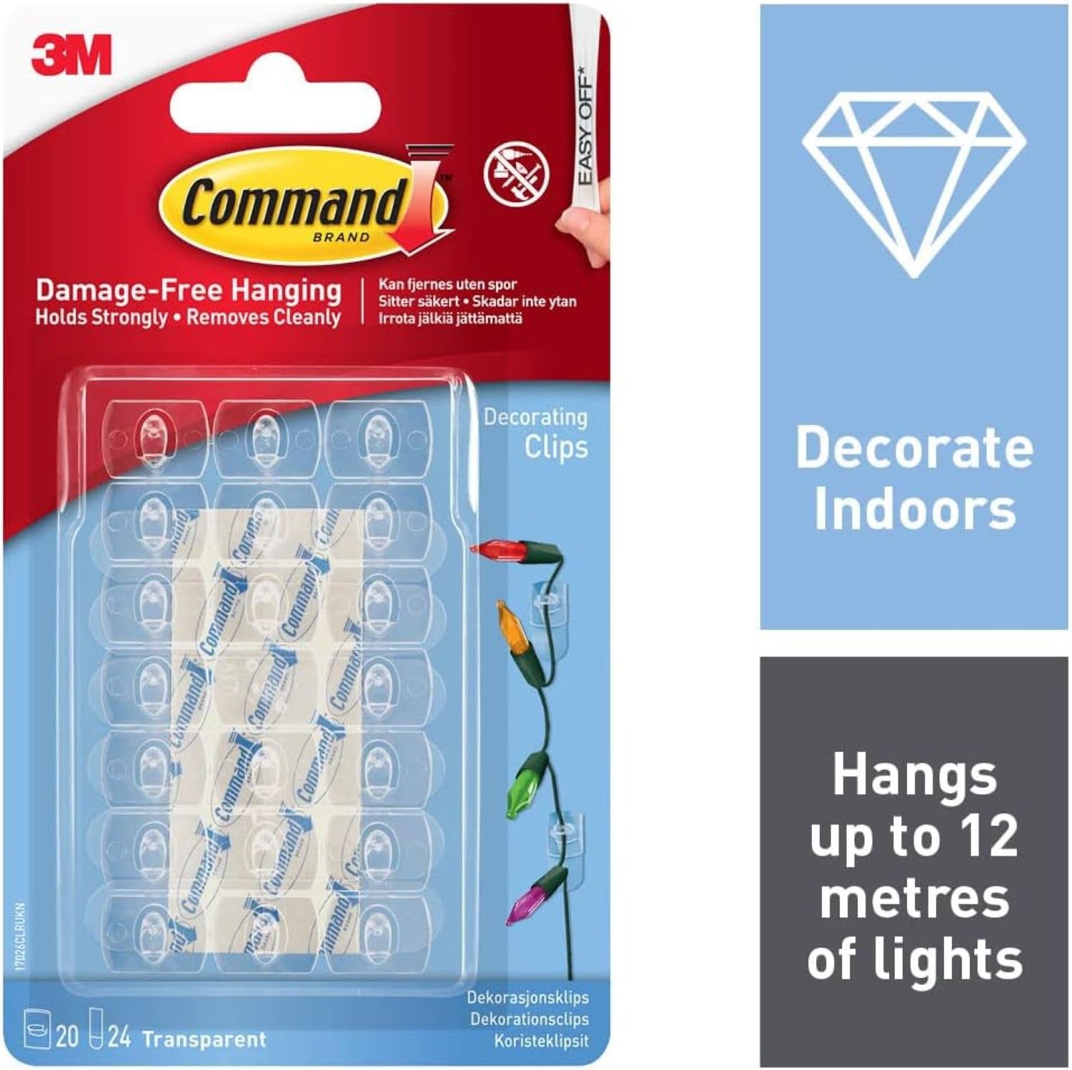 Command Decorating Clips - Transparent, Damage-Free Hanging for Lights & Decorations | 20 Clips, 24 Strips 2