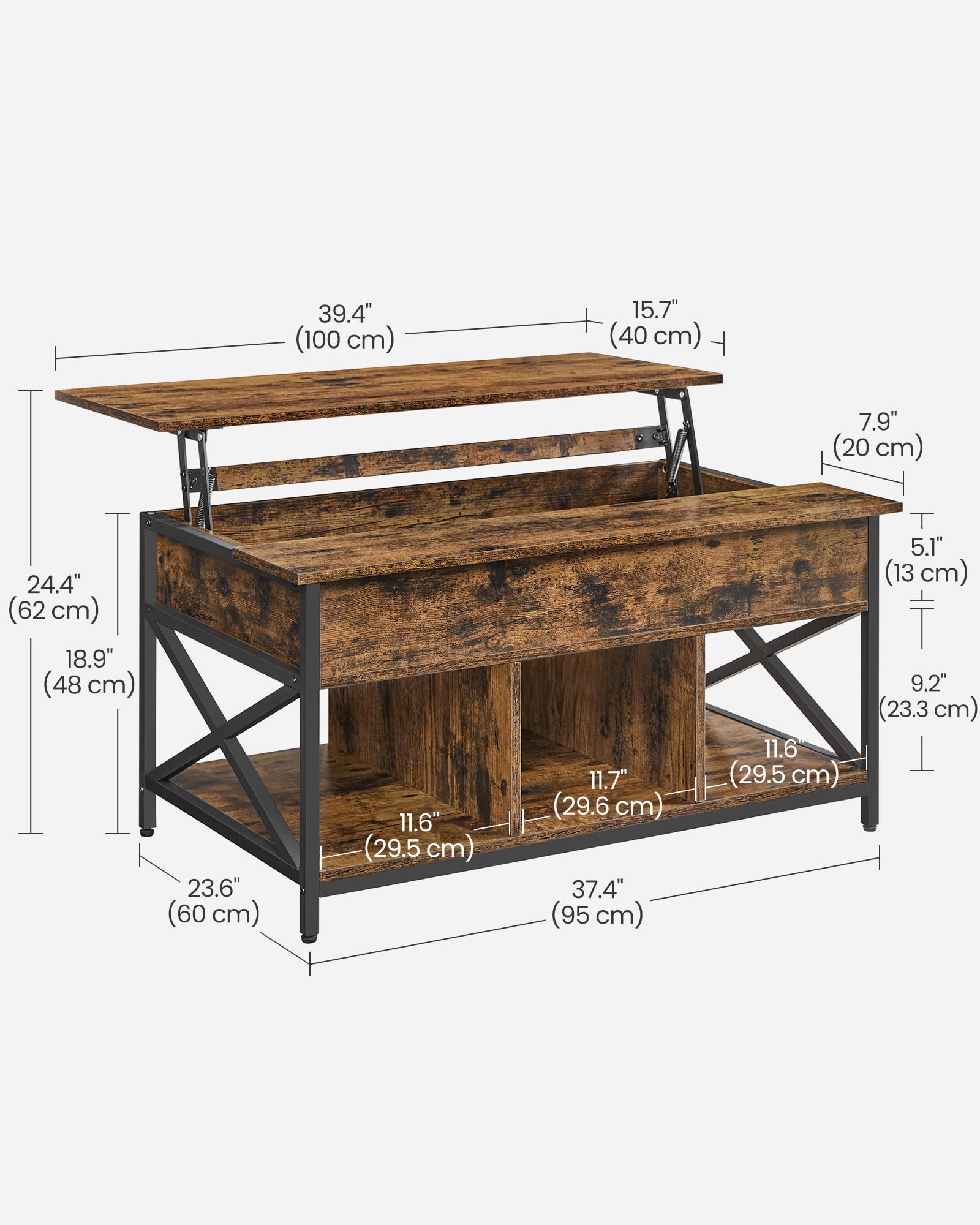 VASAGLE Lift-Top Coffee Table with Hidden Storage | Industrial Style | 60x100x52 cm 3