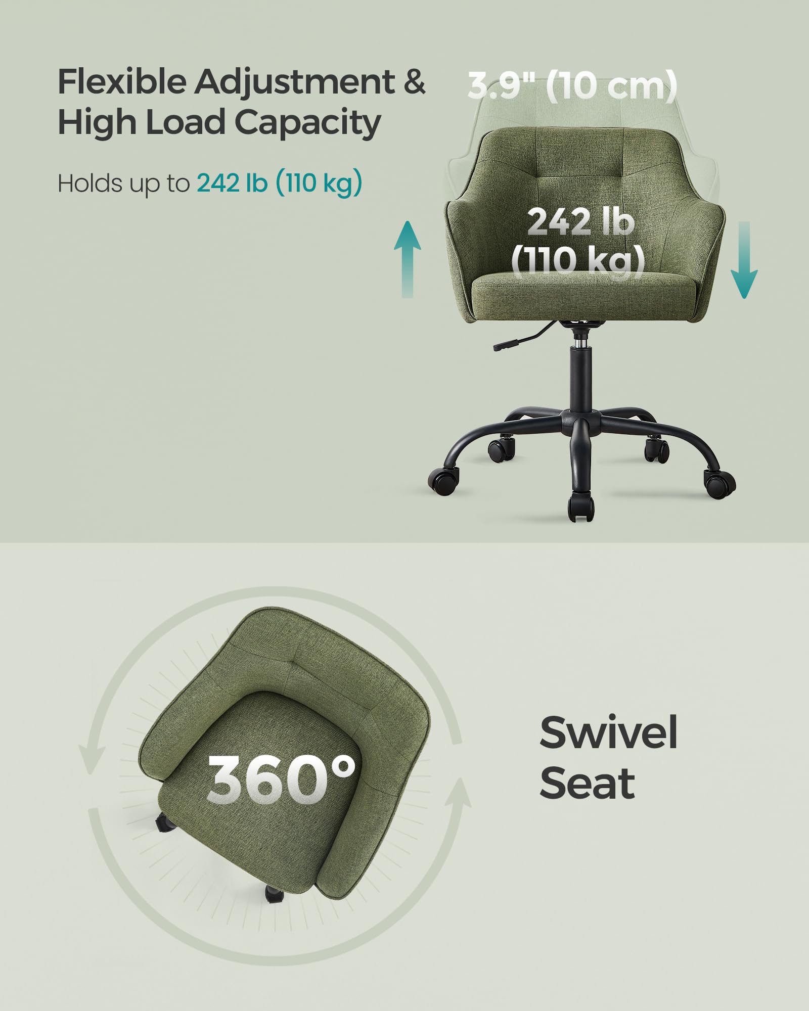 SONGMICS Office Chair - Adjustable Height Swivel Design | 110 kg Load Capacity | Green Cotton-Linen 7