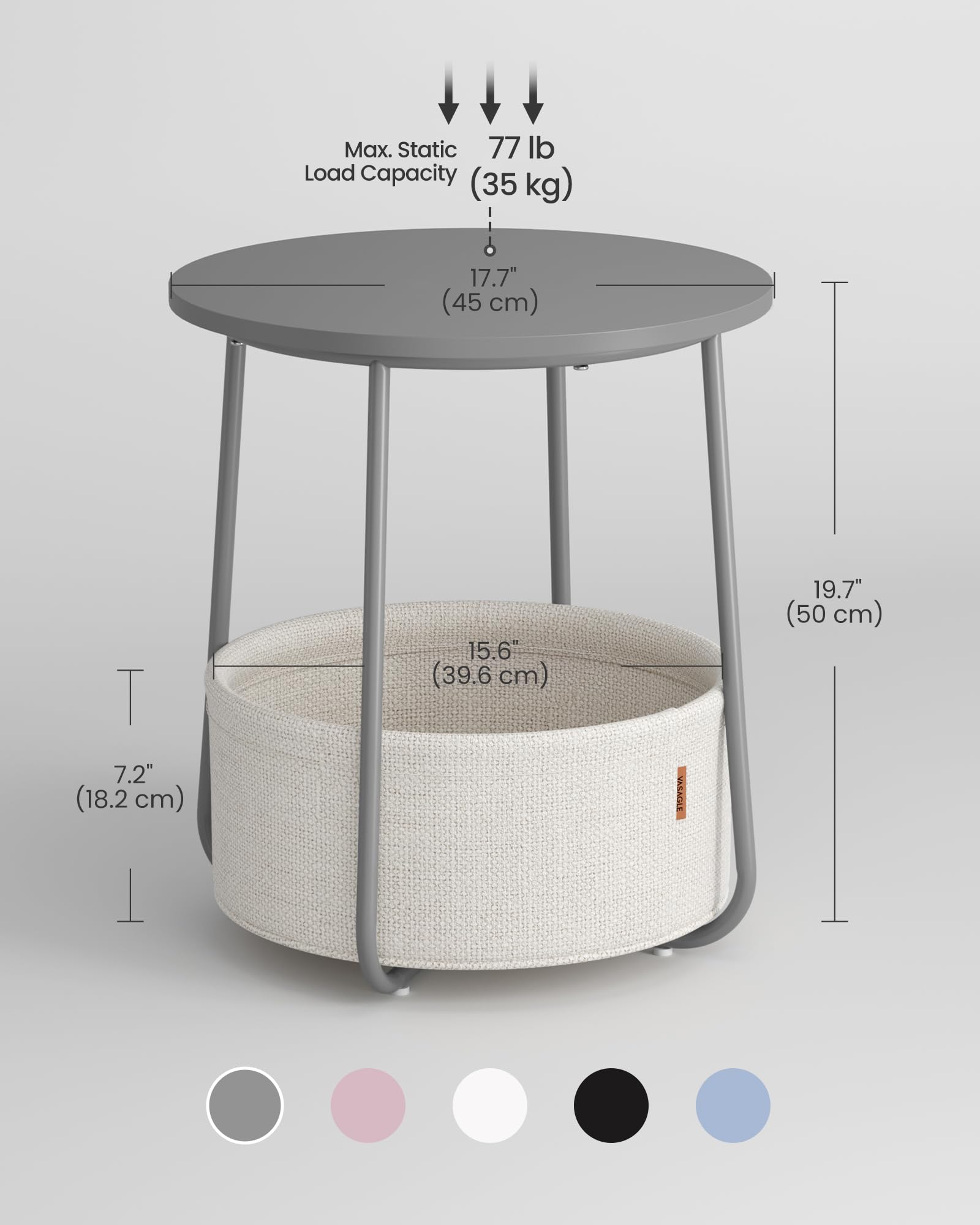 VASAGLE Round End Table with Fabric Basket - Cement Grey/Cloud White | 45 x 50 cm | Space Saving 3