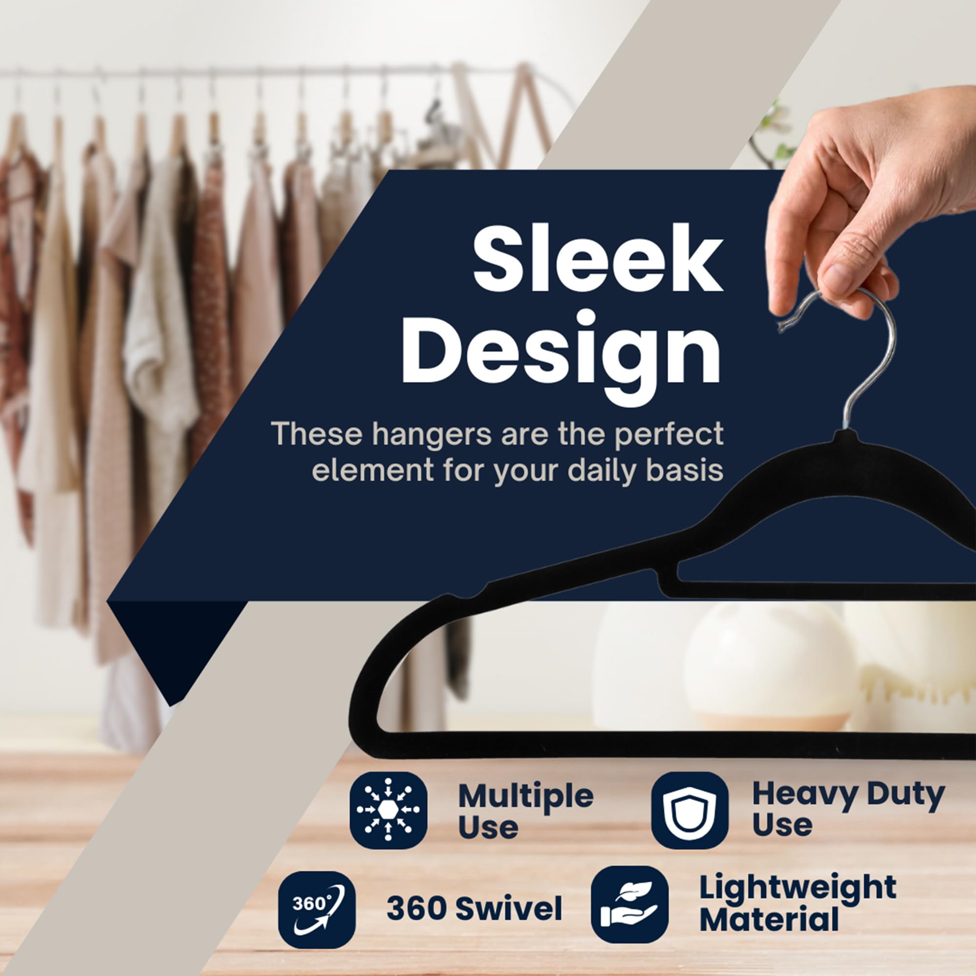 Sasha Morel Velvet Hangers - 50 Pack Non-Slip Space Saving Coat Hangers with Swivel Hooks - Black 3