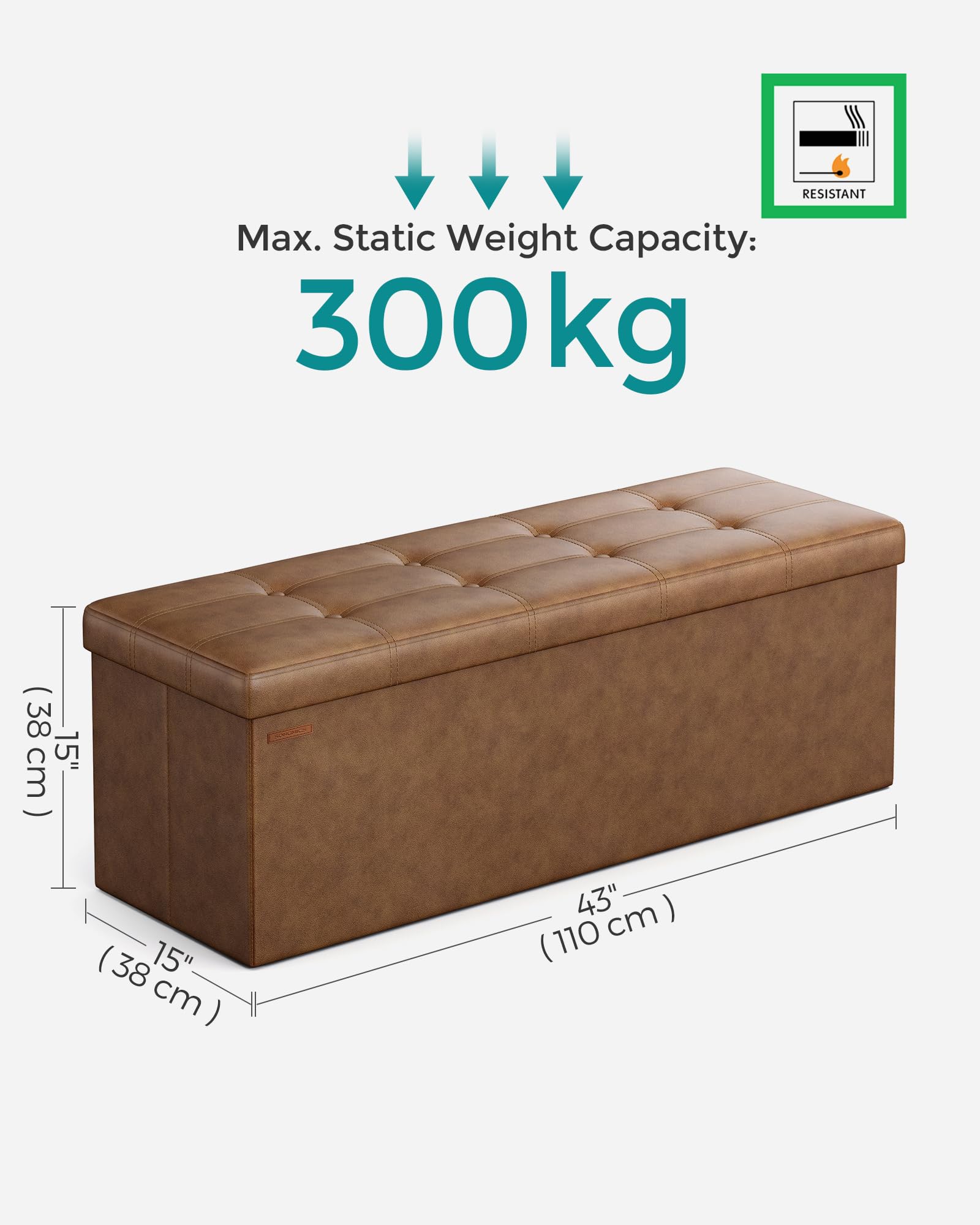 SONGMICS MAZIE Storage Ottoman Bench - 110 cm Folding Foot Rest | Coffee Brown | 300 kg Capacity 3