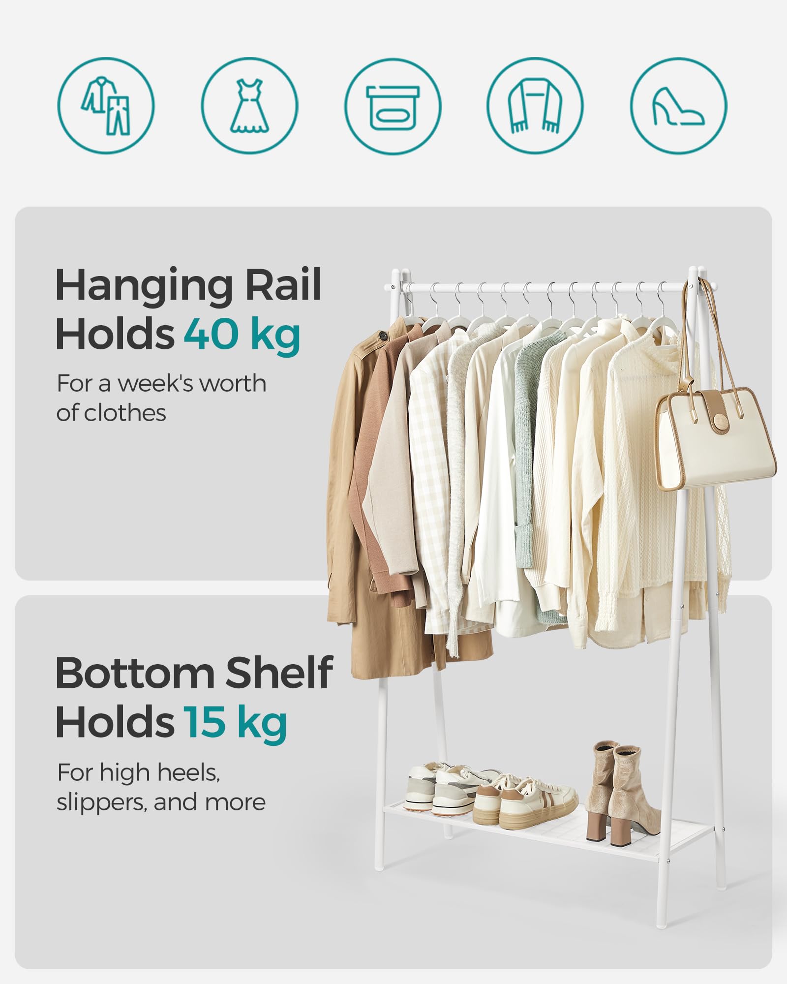 SONGMICS Clothes Rail Garment Rack with Steel Frame and Storage Shelf | 40kg Rail Capacity | White 3