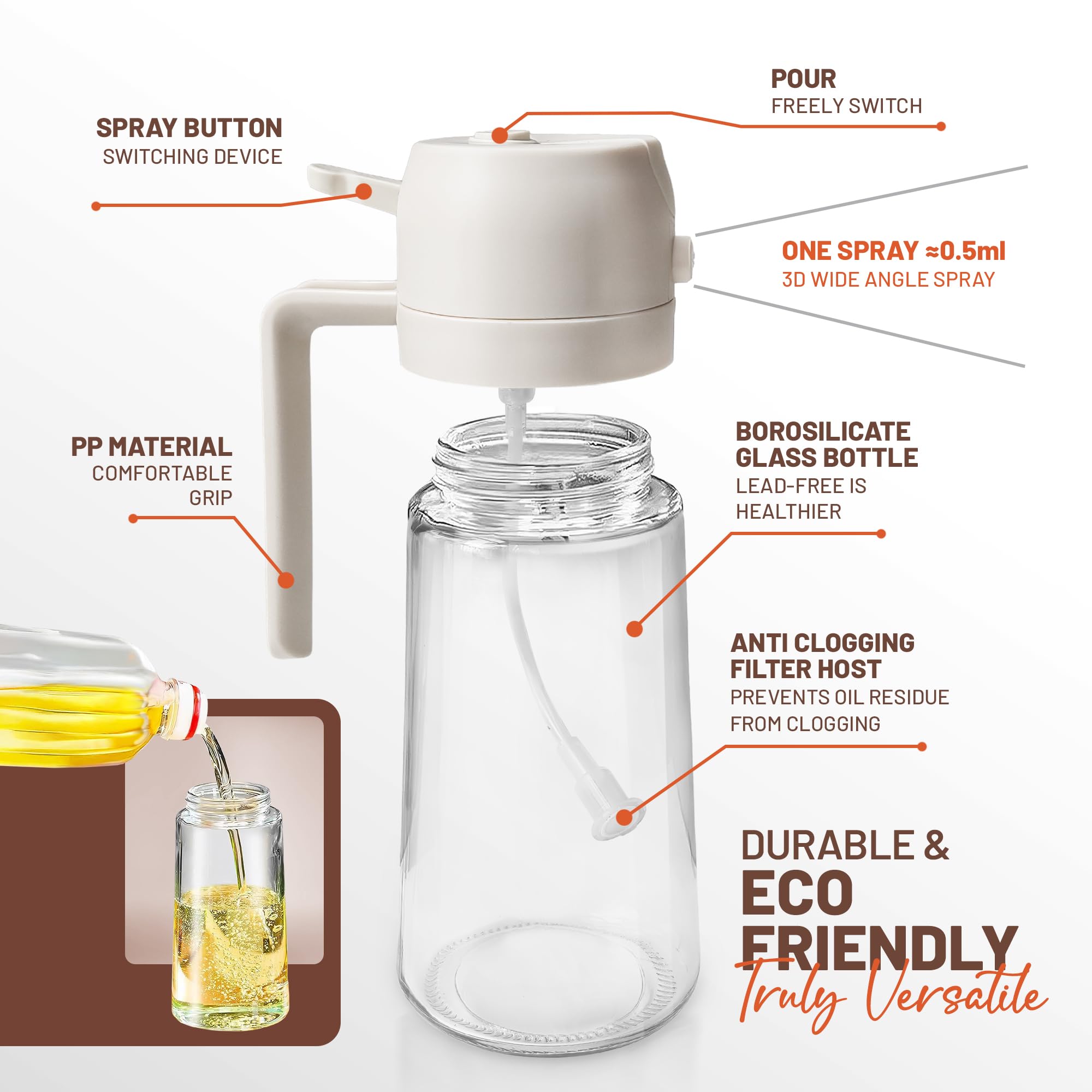 PORTENTUM 500ml Glass Oil Sprayer & Dispenser Bottle for Cooking, Grilling, Frying | 2 in 1 Function 4