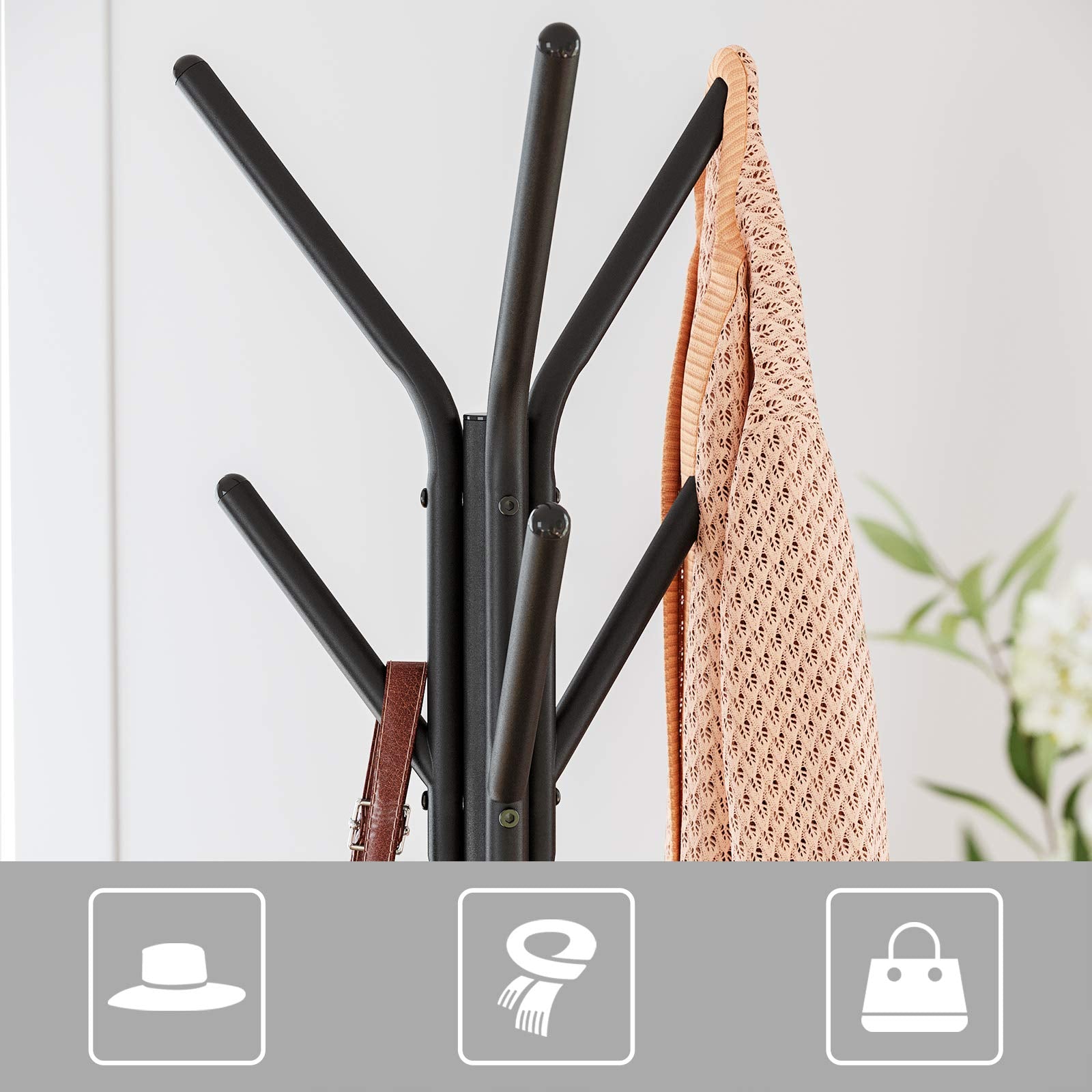 VASAGLE Industrial Style Coat Rack Stand with 6 Hooks and 2 Triangular Shelves | Steel & Fiberboard | 49.5x49.5x179 cm 5