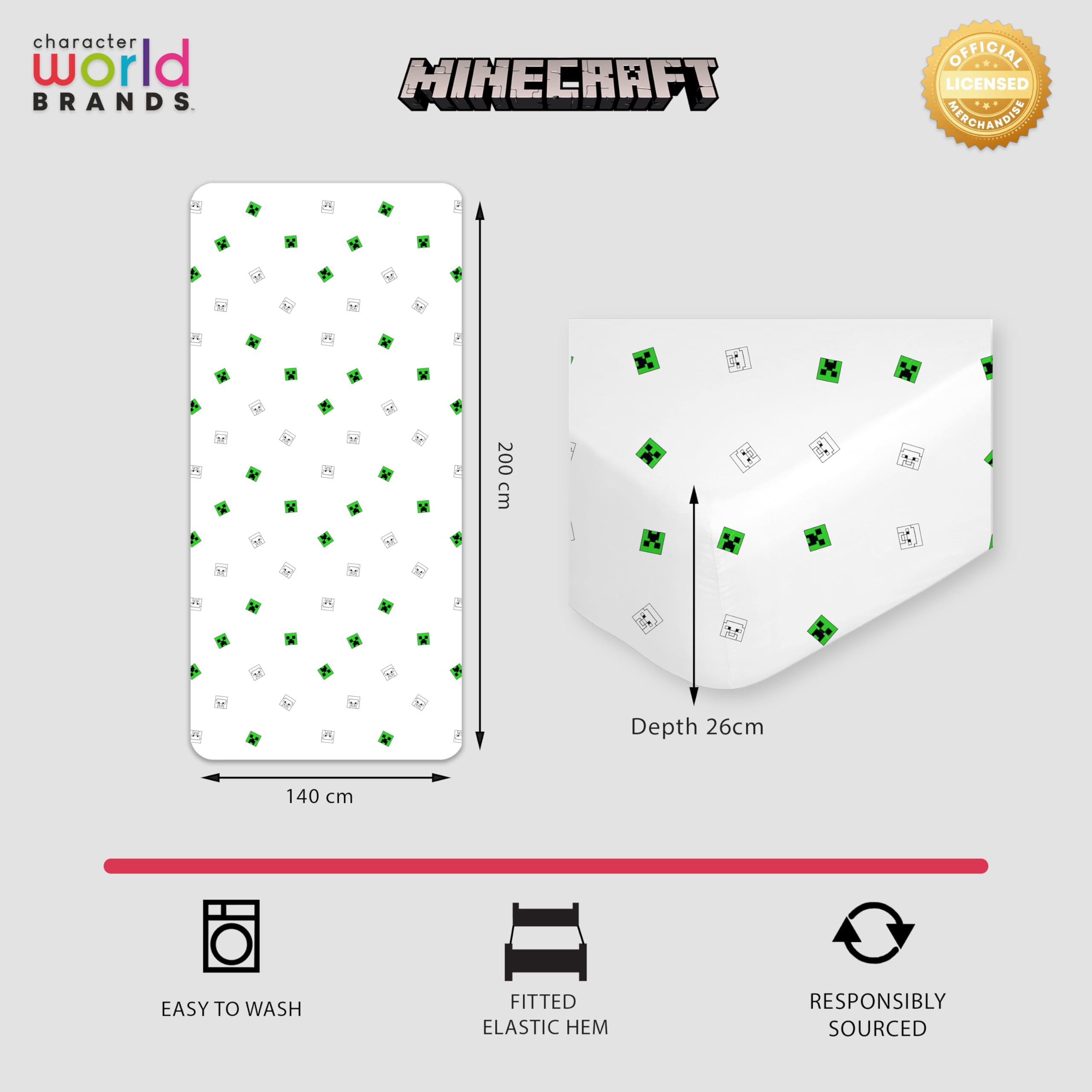 Minecraft Single Fitted Sheet - Official Licensed Creeper/Steve Design | 90 x 200 x 26cm | Polycotton 5