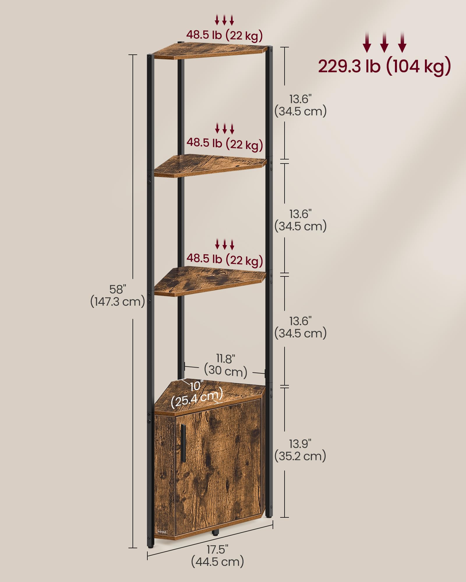 VASAGLE Corner Shelf with Storage - 5-Tier | Rustic Brown + Ink Black | 25.4 x 44.5 x 147.3 cm 3