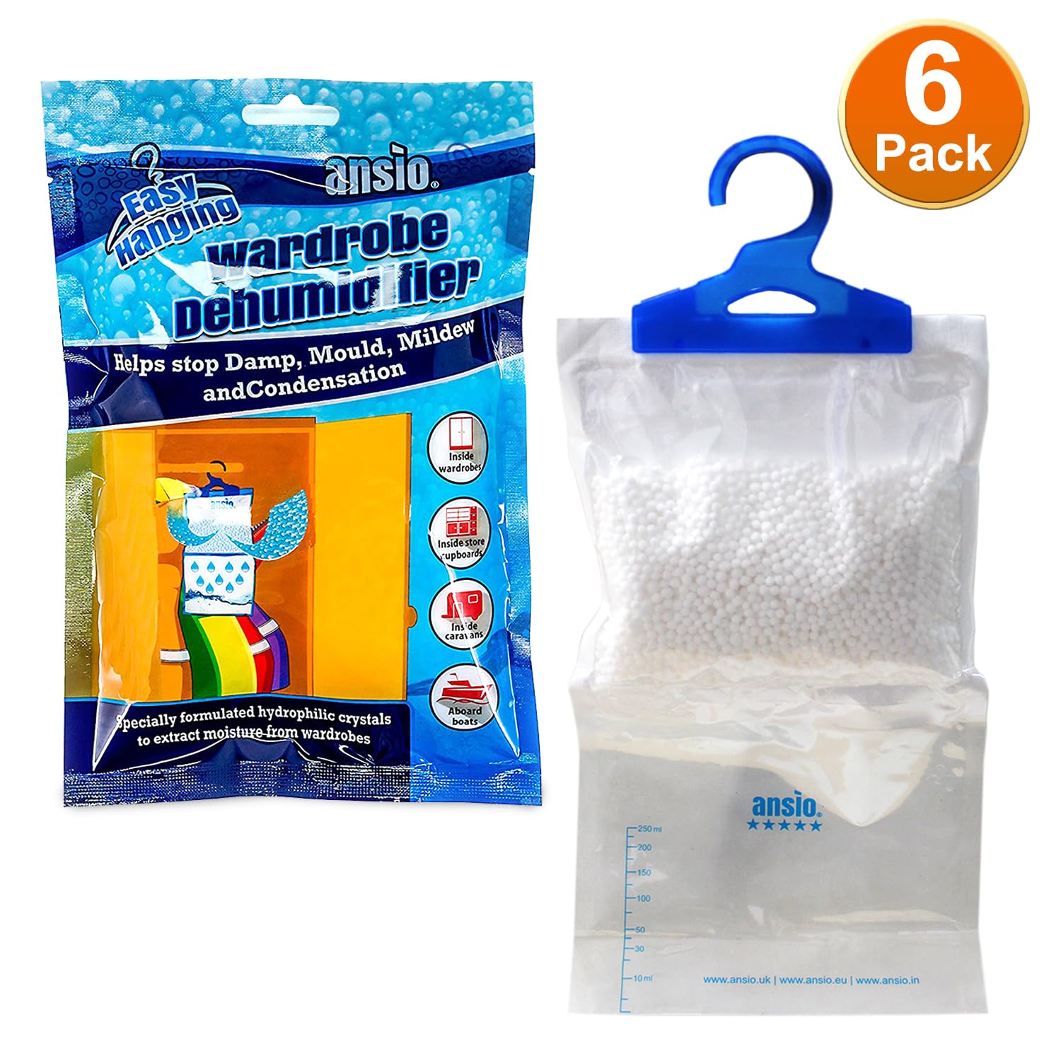 ANSIO Wardrobe Dehumidifier Disposable Hanging Bags - Pack of 6 | Absorbs Damp & Condensation 2