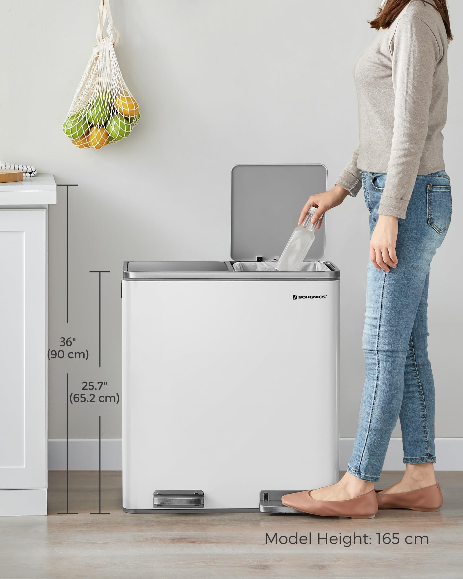 SONGMICS Dual Rubbish Bin - 2 Compartment Recycling Bin with Pedals | 2 x 30 L | White and Grey 7