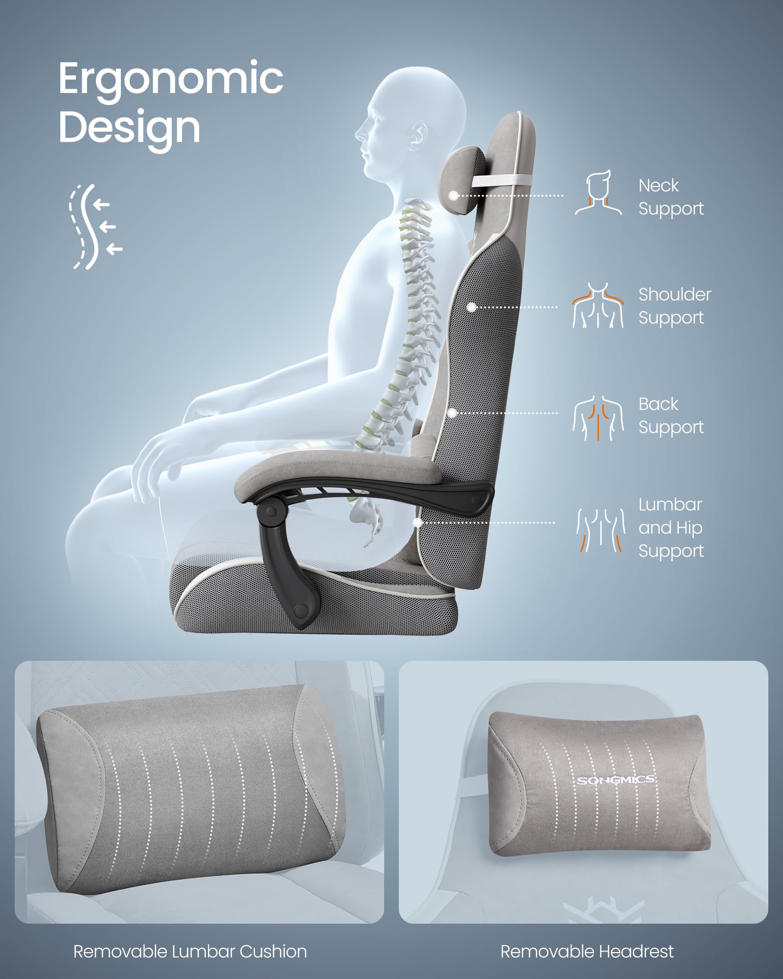 SONGMICS Ergonomic Video Game Chair with Footrest | Dove Grey | Max Load 150 kg 6