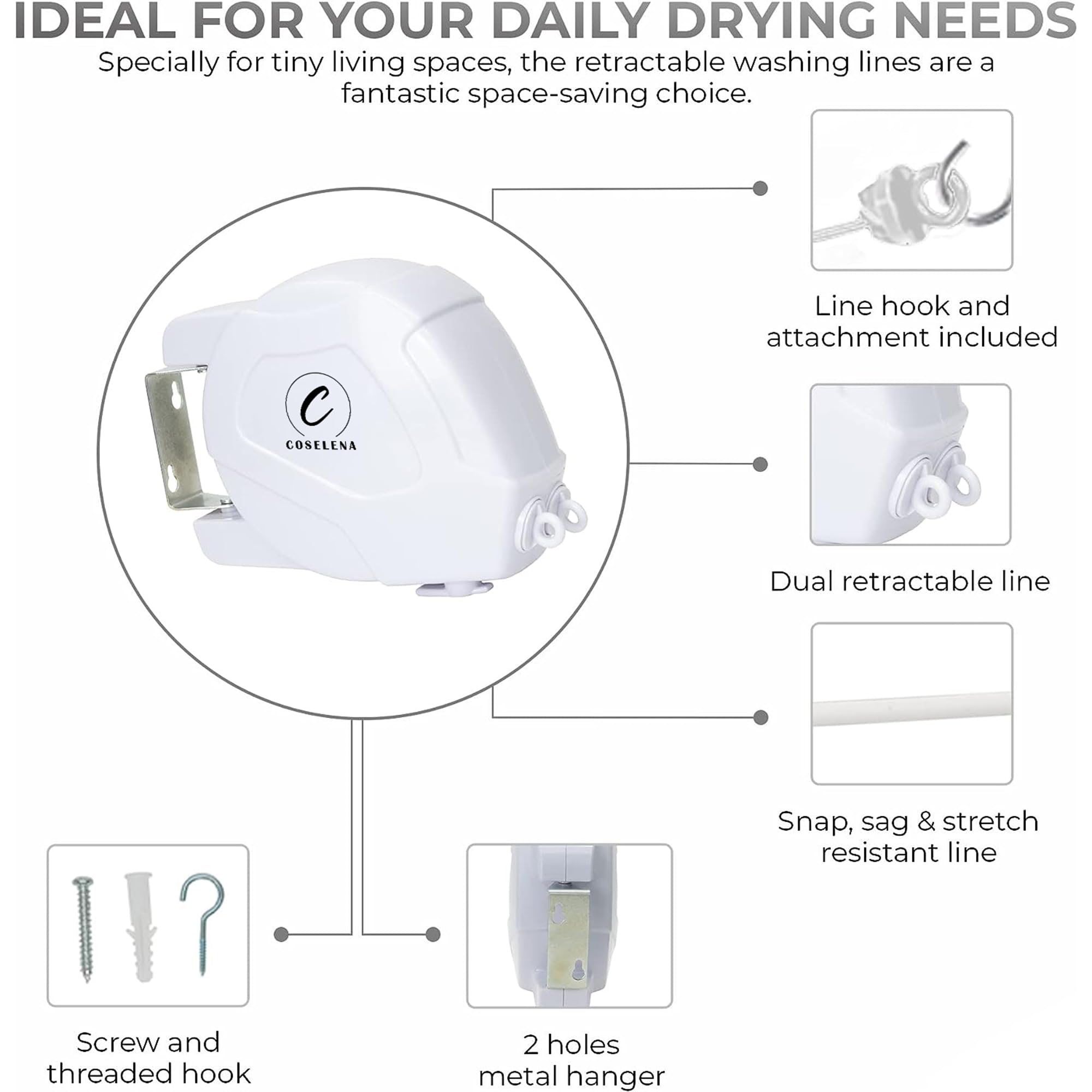 Coselena 30m Retractable Washing Line - Heavy-Duty Twin Clothes Line | Wall Mounted | Indoor/Outdoor 2