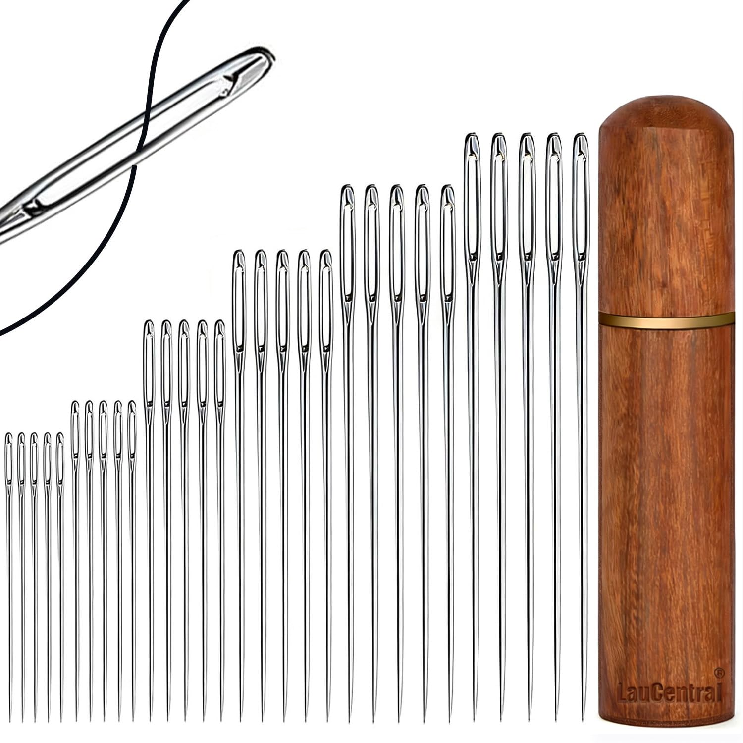 LauCentral 30 Pcs Large Eye Hand Sewing Needles Set | Stainless Steel | 5 Sizes | Includes Wooden Case 1