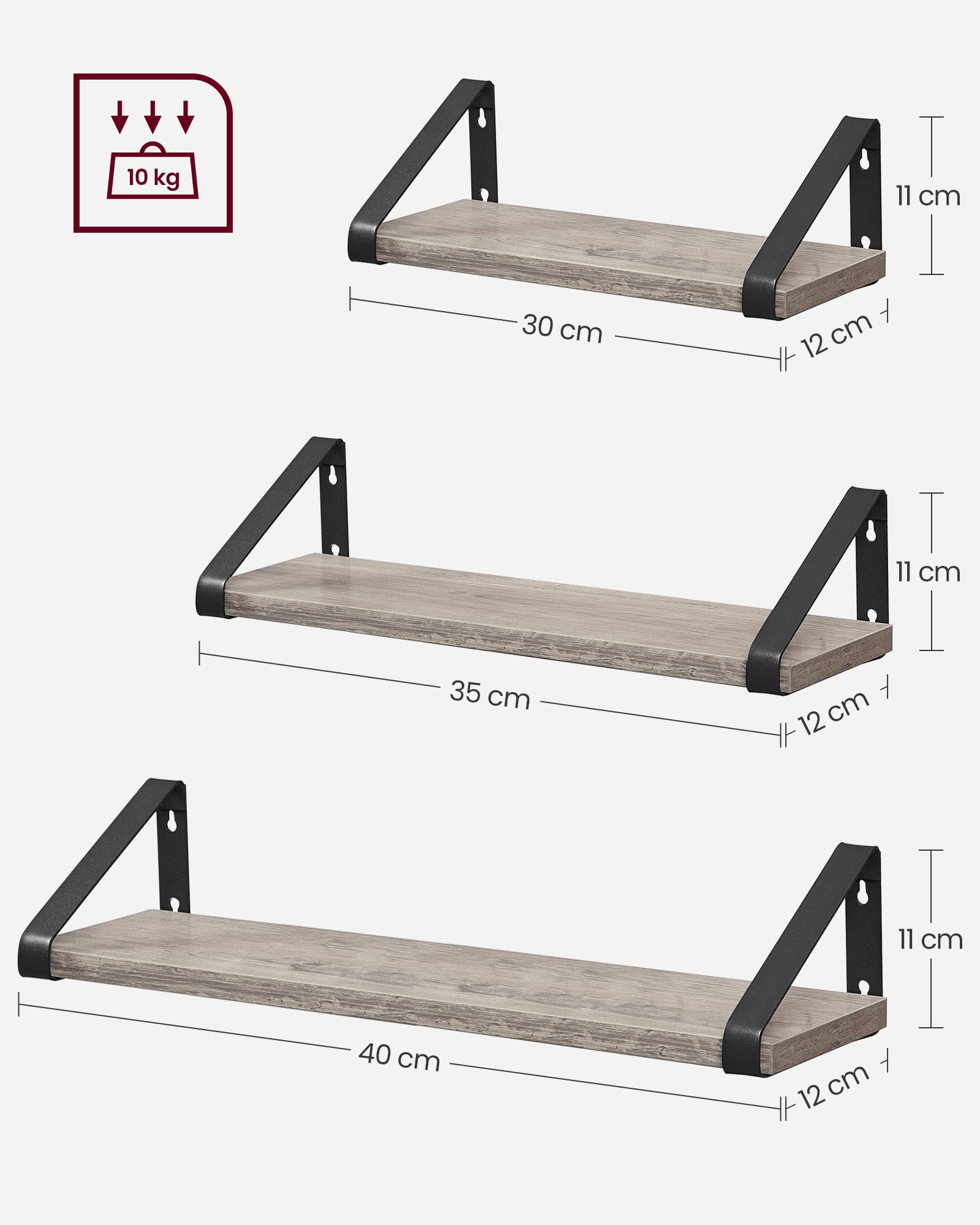 VASAGLE Floating Wall Shelves - Set of 3 Display Shelves | Heather Greige & Matte Black | Max 10 kg Capacity Each 3