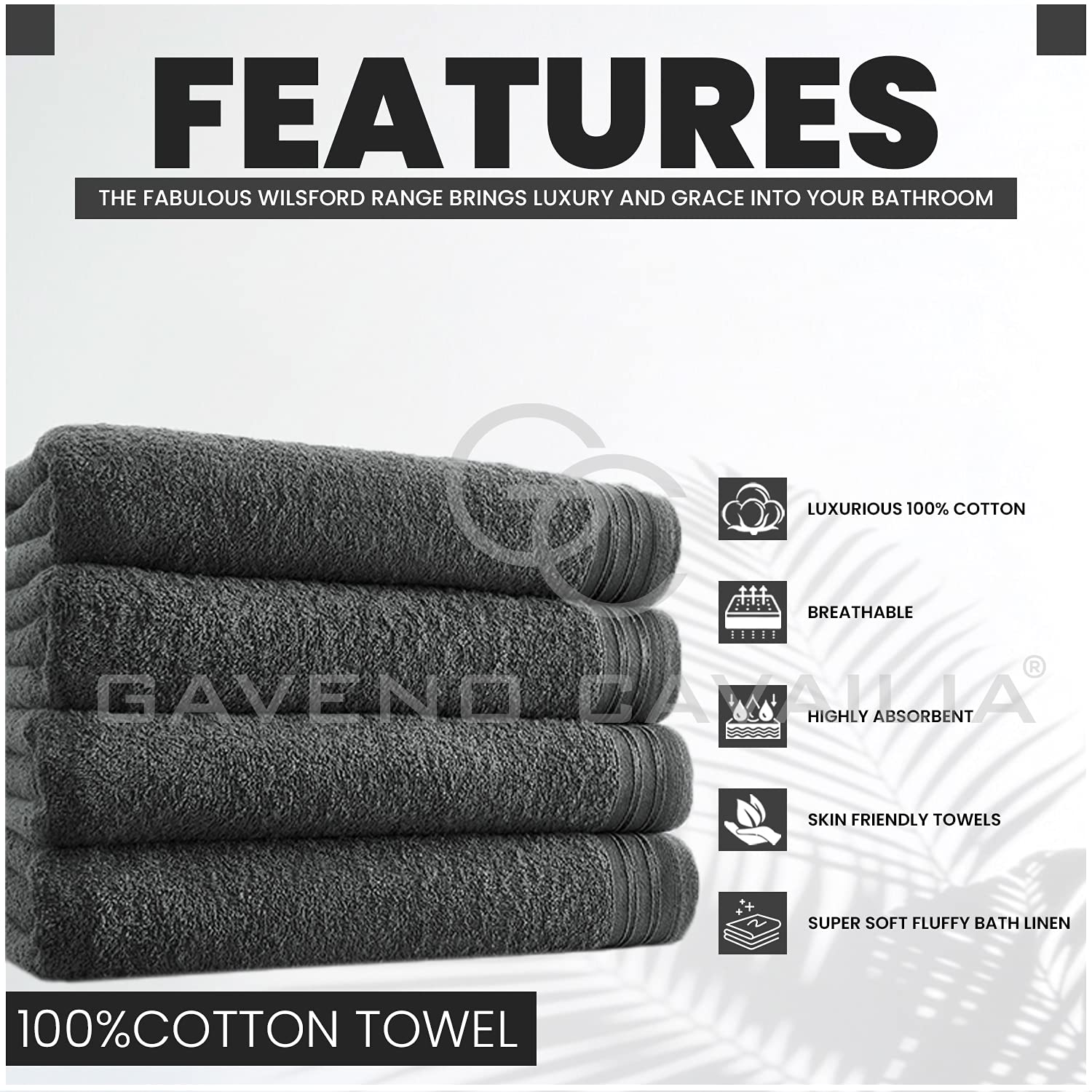 GC GAVENO CAVAILIA Wilsford Bath Sheets - 4 Pack Egyptian Cotton, 450 GSM, Charcoal, 75X135 Cm 2