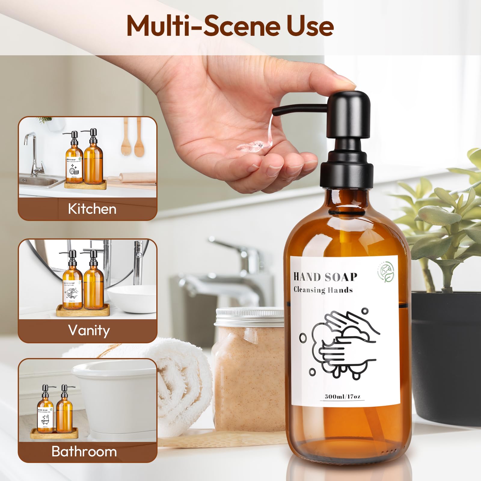 Euqvunn 500ml Amber Glass Soap Dispenser - 2 Pack Refillable Pump Bottles with Stainless Steel Pump 7