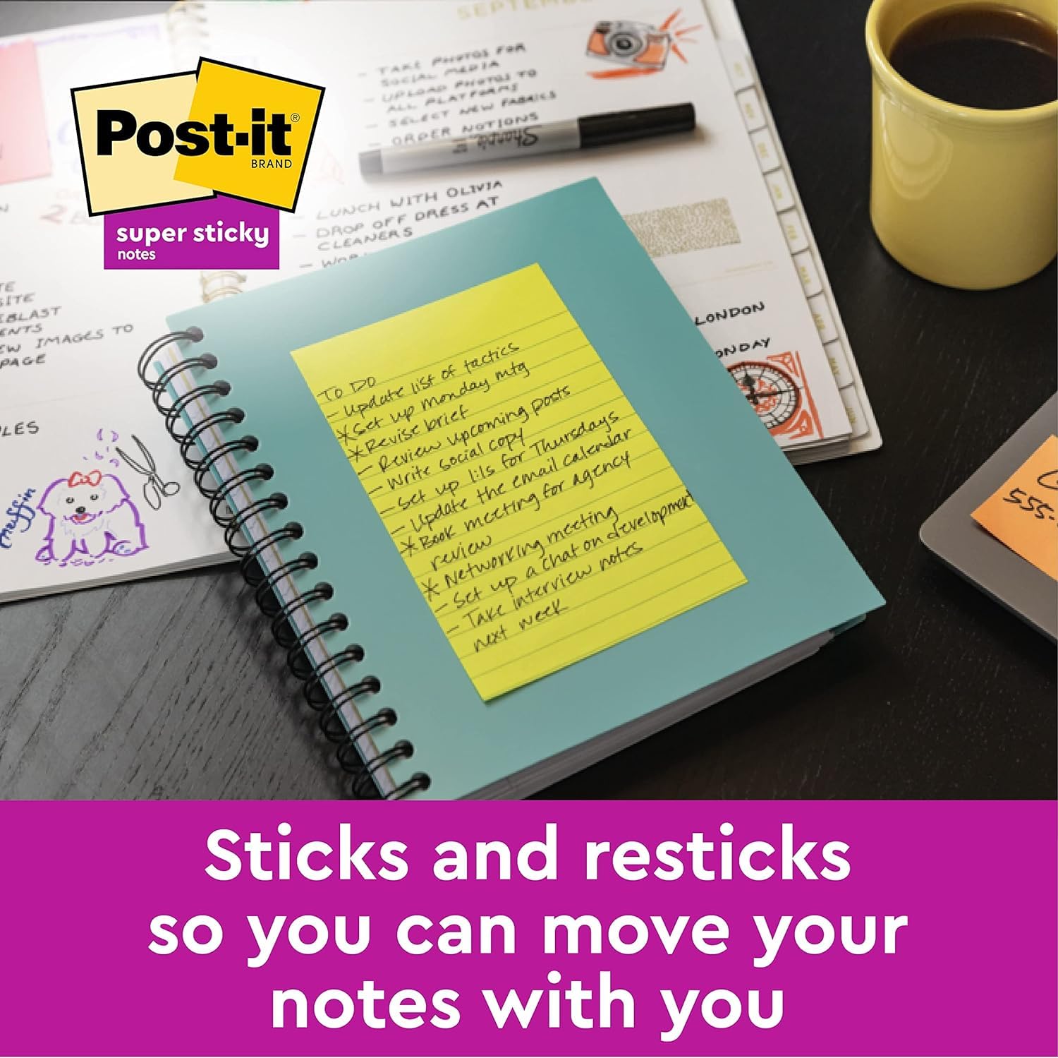 Post-it Super Sticky Lined Notes - Neptune Blue | 2x Sticking Power | 102 x 152 mm 3